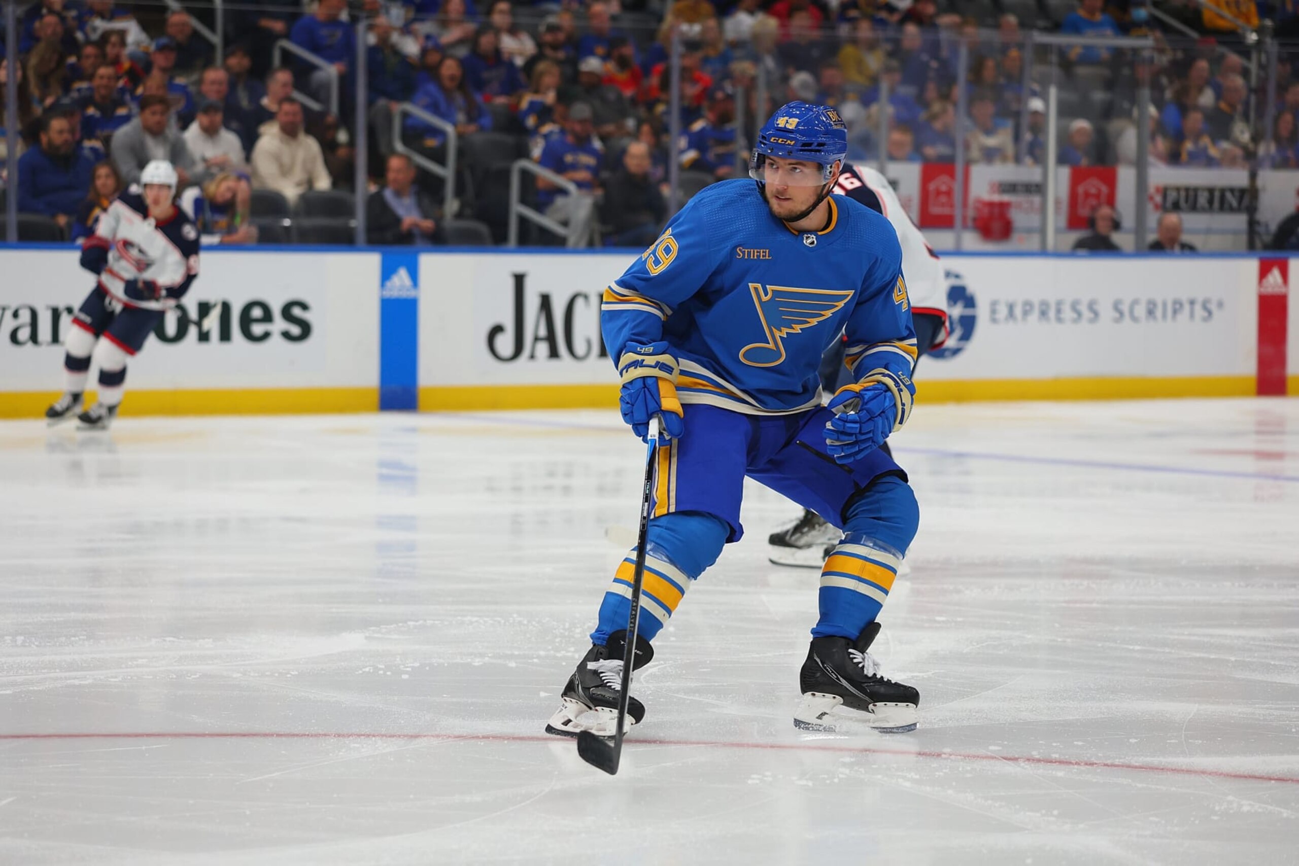 ST LOUIS, MO - OCTOBER 15: Ivan Barbashev #49 of the St. Louis Blues skates against the Columbus Blue Jackets at Enterprise Center on October 15, 2022 in St Louis, Missouri. (Photo by Dilip Vishwanat/Getty Images)