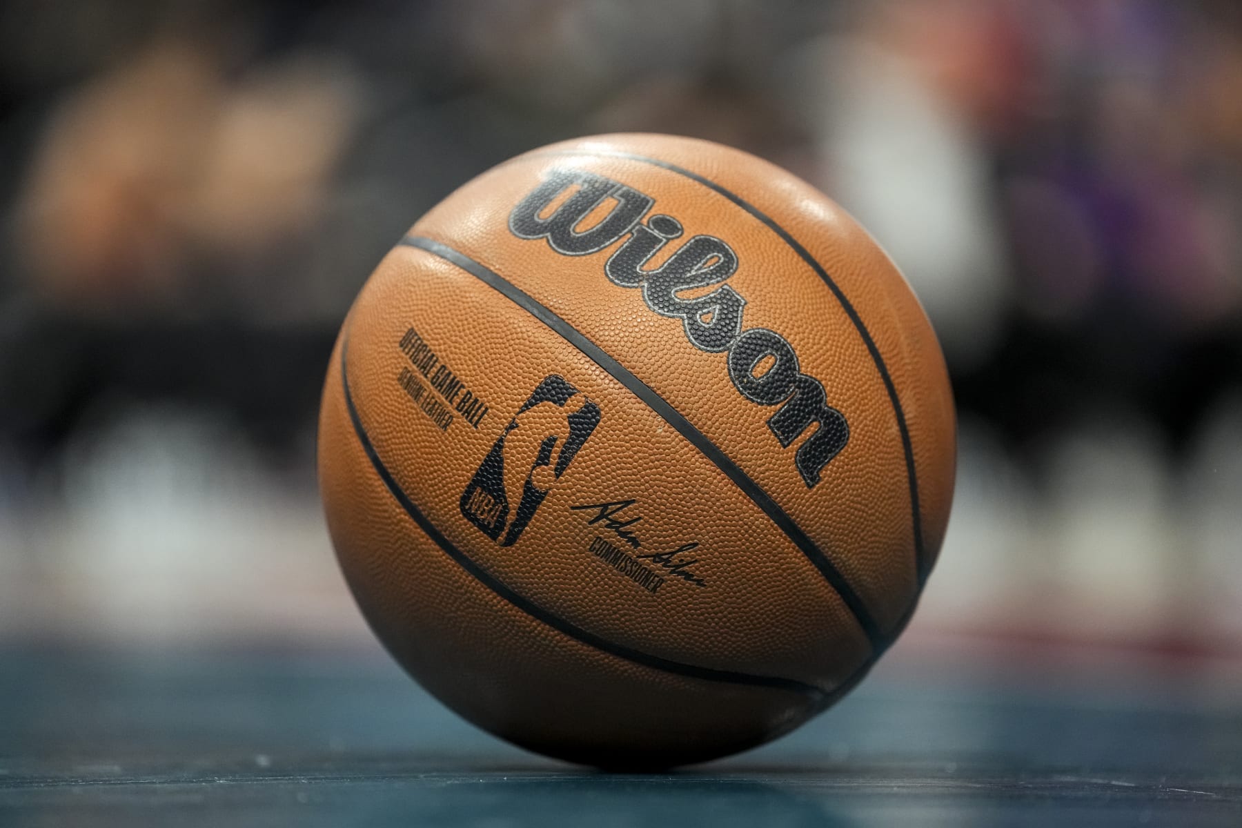 DETROIT, MICHIGAN - FEBRUARY 03: A Wilson brand official game ball basketball is pictured with the NBA logo during the game between the Detroit Pistons and Charlotte Hornets at Little Caesars Arena on February 03, 2023 in Detroit, Michigan. NOTE TO USER: User expressly acknowledges and agrees that, by downloading and or using this photograph, User is consenting to the terms and conditions of the Getty Images License Agreement. (Photo by Nic Antaya/Getty Images)