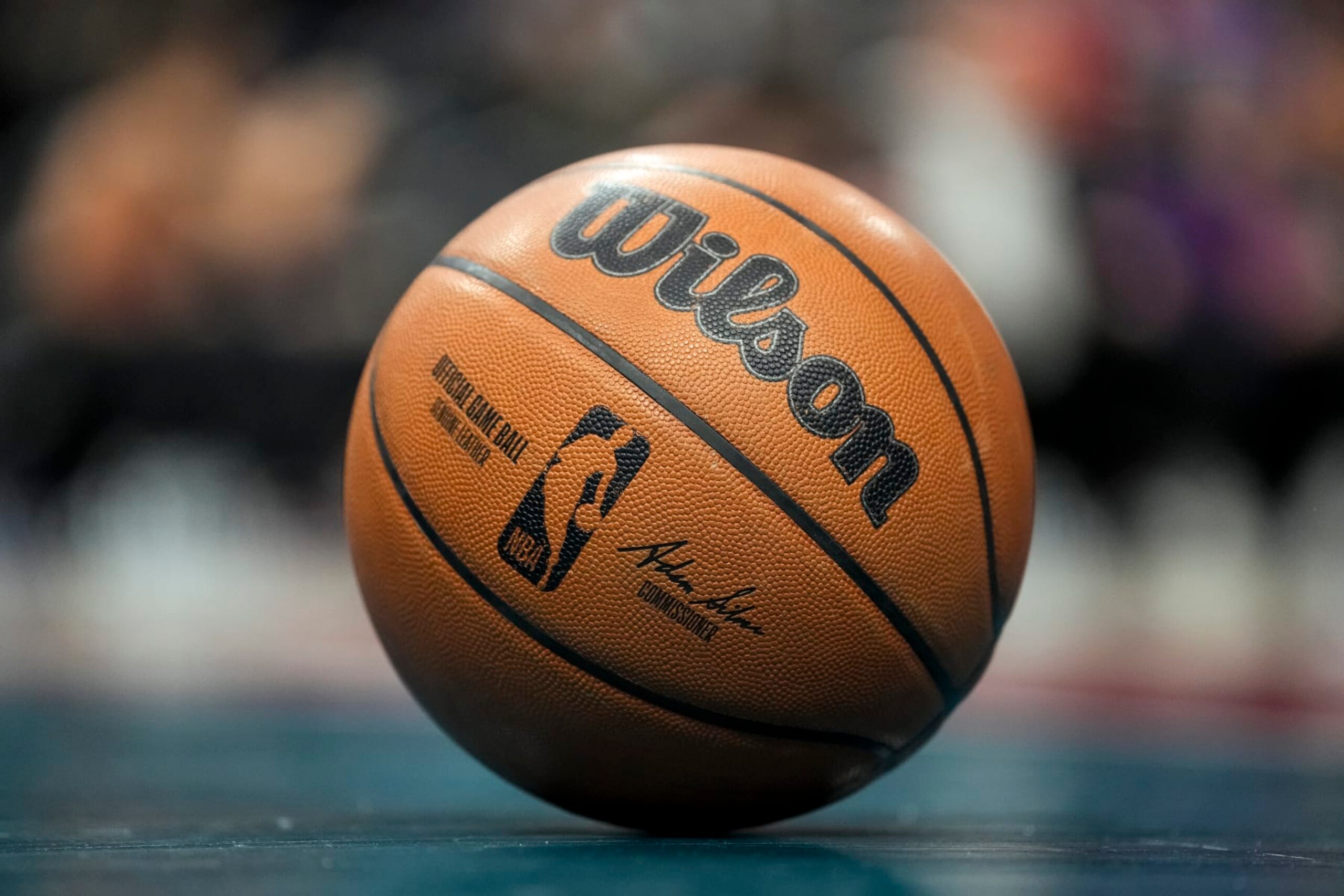 DETROIT, MICHIGAN - FEBRUARY 03: A Wilson brand official game ball basketball is pictured with the NBA logo during the game between the Detroit Pistons and Charlotte Hornets at Little Caesars Arena on February 03, 2023 in Detroit, Michigan. NOTE TO USER: User expressly acknowledges and agrees that, by downloading and or using this photograph, User is consenting to the terms and conditions of the Getty Images License Agreement. (Photo by Nic Antaya/Getty Images)