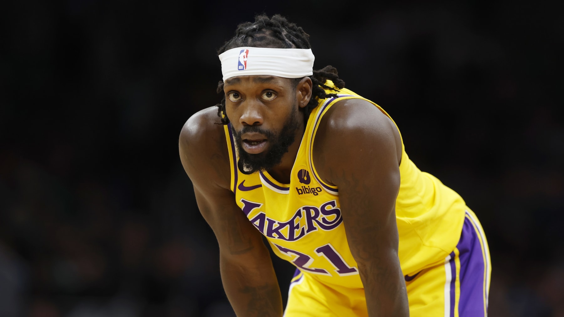 Los Angeles Lakers' Patrick Beverley plays against the Boston Celtics during the second half of an NBA basketball game, Saturday, Jan. 28, 2023, in Boston. (AP Photo/Michael Dwyer)