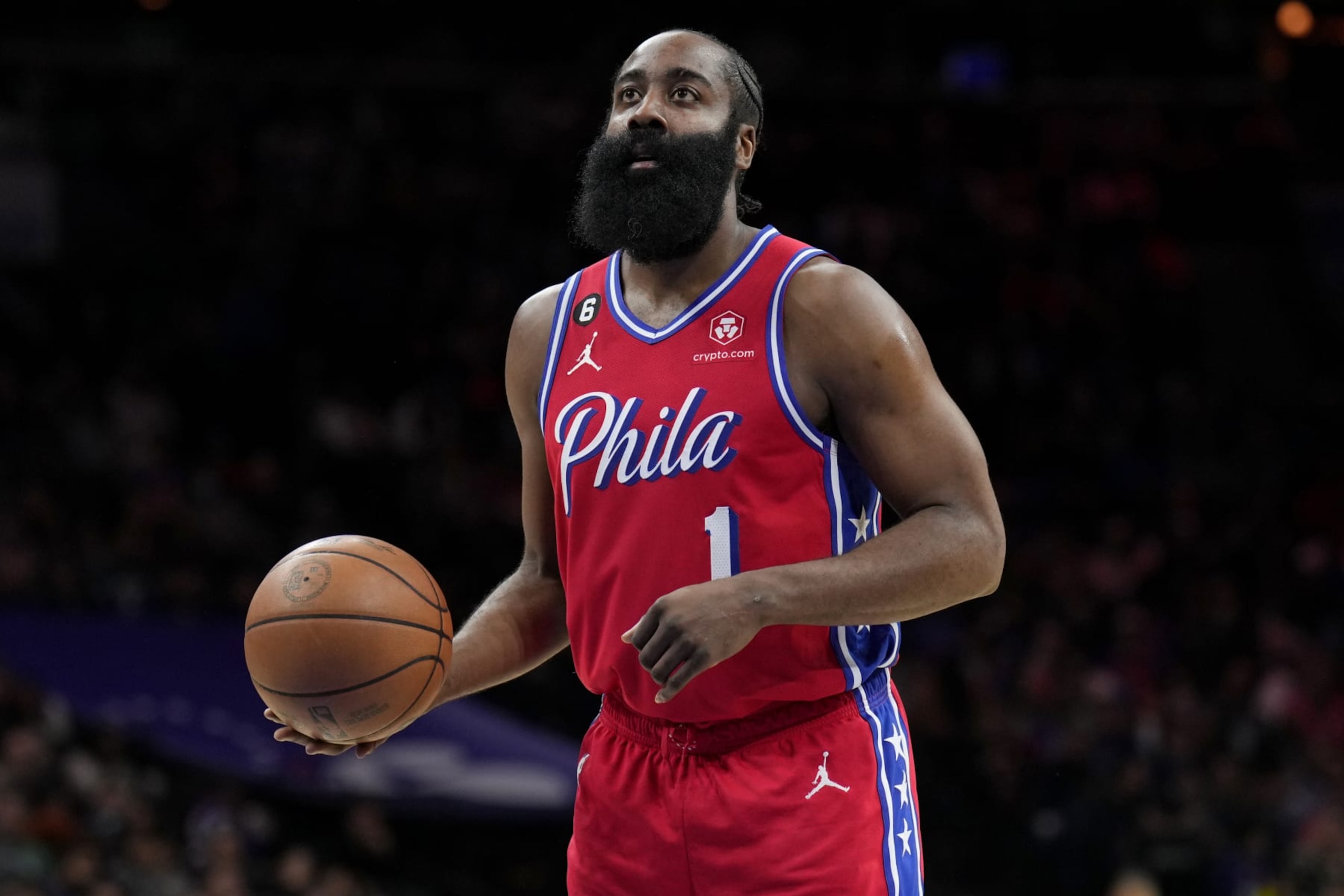 PHILADELPHIA, PA - FEBRUARY 10: James Harden #1 of the Philadelphia 76ers prepares to shoot a free throw during the game against the New York Knicks on February 10, 2023 at the Wells Fargo Center in Philadelphia, Pennsylvania NOTE TO USER: User expressly acknowledges and agrees that, by downloading and/or using this Photograph, user is consenting to the terms and conditions of the Getty Images License Agreement. Mandatory Copyright Notice: Copyright 2023 NBAE (Photo by Jesse D. Garrabrant/NBAE via Getty Images)