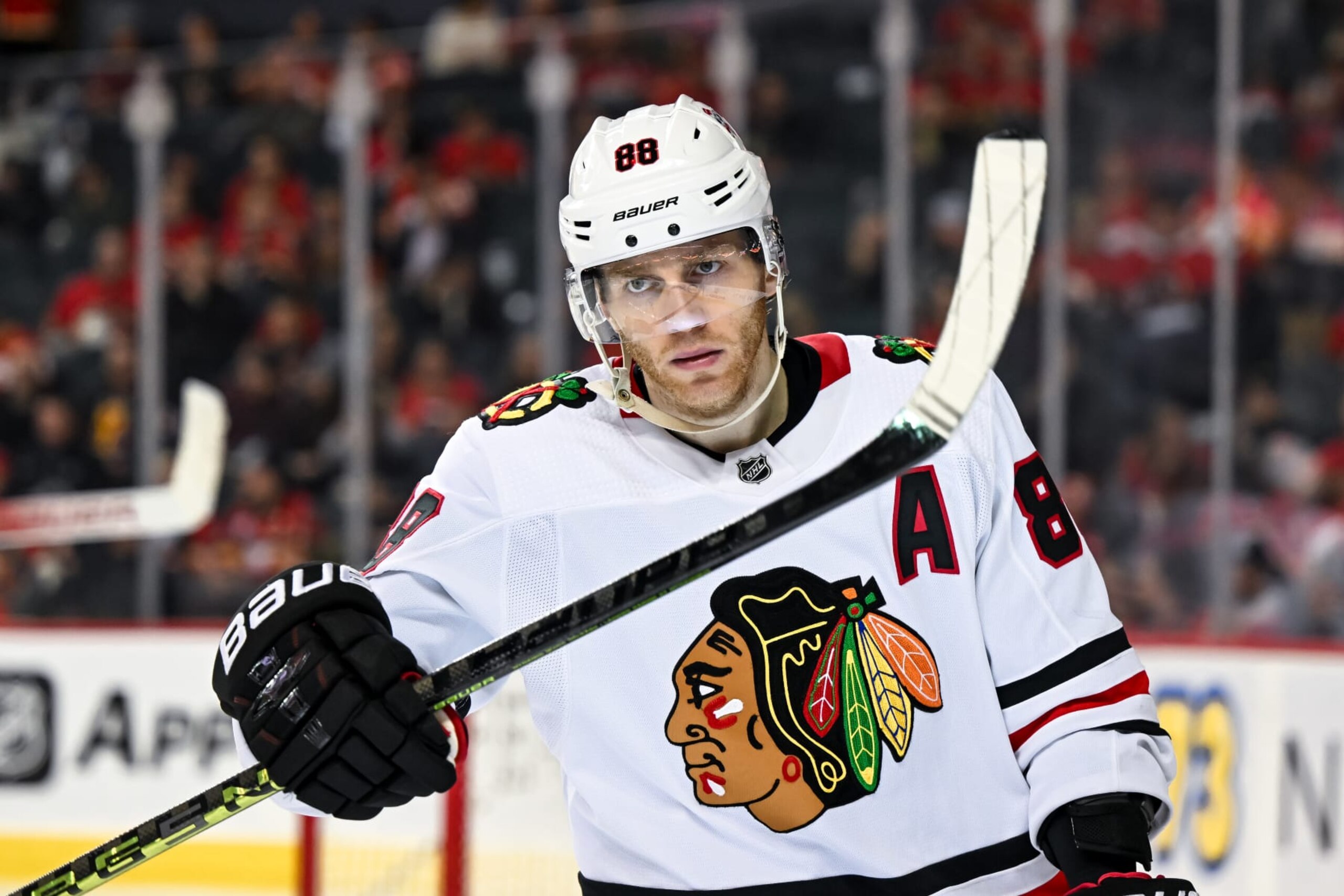 CALGARY, AB - JANUARY 26: Chicago Blackhawks Right Wing Patrick Kane (88) looks on during the third period of an NHL game between the Calgary Flames and the Chicago Blackhawks on January 26, 2023, at the Scotiabank Saddledome in Calgary, AB. (Photo by Brett Holmes/Icon Sportswire via Getty Images)