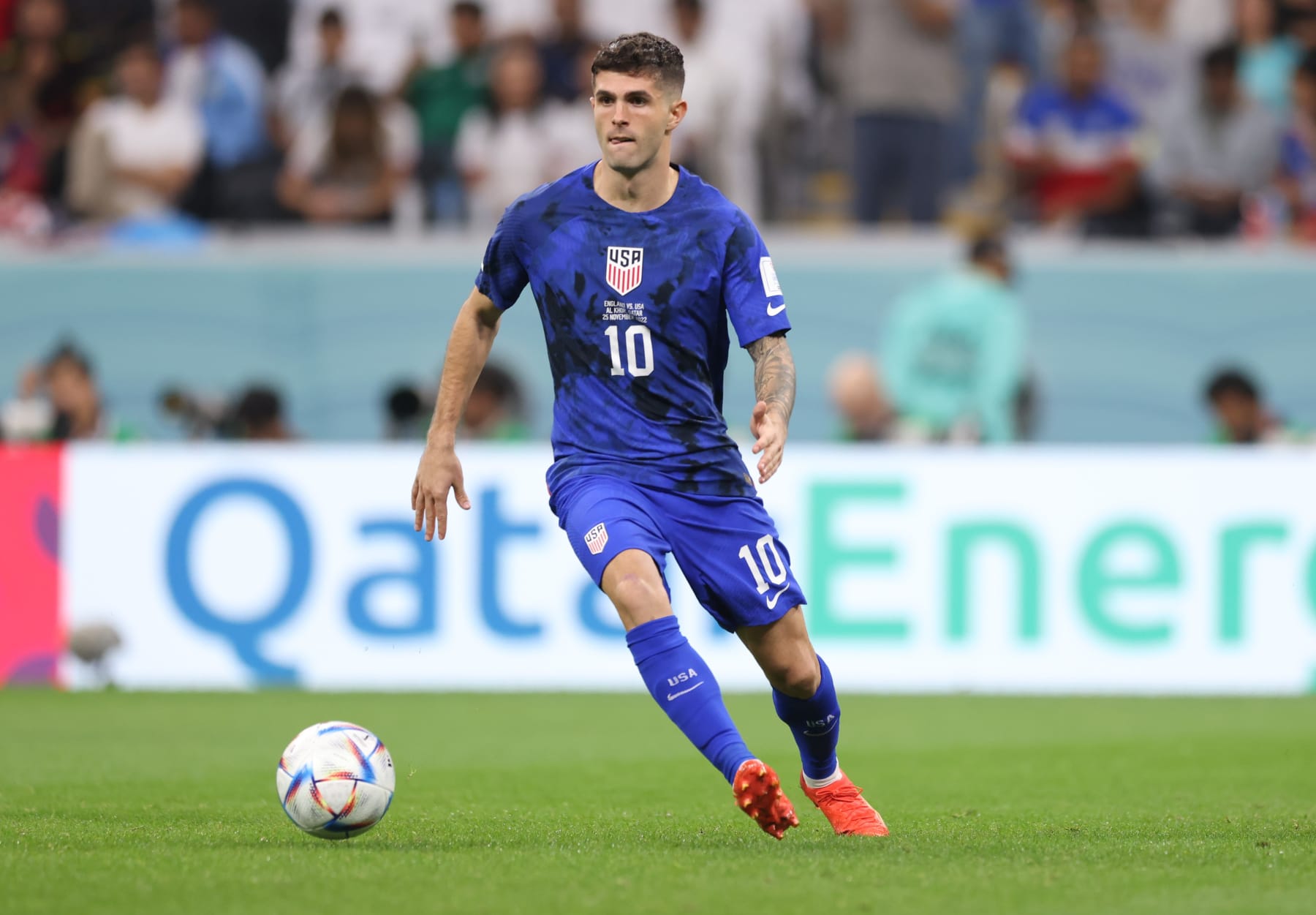 AL KHOR, QATAR - NOVEMBER 25: Christian Pulisic #10 of the United States turns with the ball during a FIFA World Cup Qatar 2022 Group B match between England and USMNT at Al Bayt Stadium on November 25, 2022 in Al Khor, Qatar. (Photo by John Dorton/ISI Photos/Getty Images)