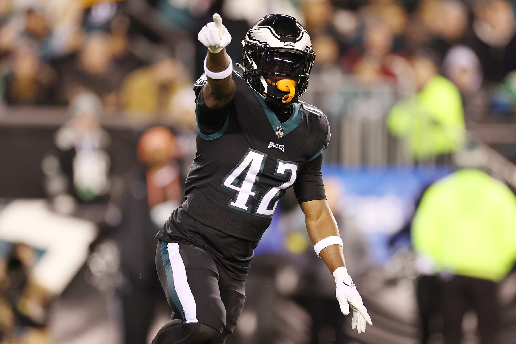 PHILADELPHIA, PENNSYLVANIA - JANUARY 08: K'Von Wallace #42 of the Philadelphia Eagles reacts after a play during the second quarter against the New York Giants at Lincoln Financial Field on January 08, 2023 in Philadelphia, Pennsylvania. (Photo by Tim Nwachukwu/Getty Images)