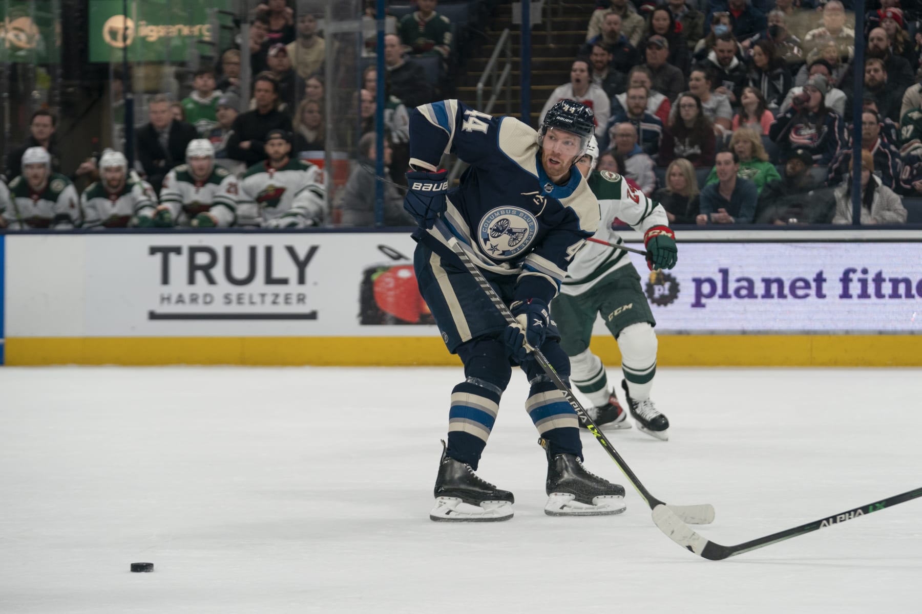 COLUMBUS, OH - MARCH 11: Columbus Blue Jackets defenseman Vladislav Gavrikov #44 passes the puck during the game between the Columbus Blue Jackets and the Minnesota Wild at Nationwide Arena in Columbus, Ohio on March 11, 2022. (Photo by Jason Mowry/Icon Sportswire via Getty Images) COLUMBUS, OH - MARCH 11: Columbus Blue Jackets defenseman Vladislav Gavrikov #44 passes the puck during the game between the Columbus Blue Jackets and the Minnesota Wild at Nationwide Arena in Columbus, Ohio on March 11, 2022. (Photo by Jason Mowry/Icon Sportswire via Getty Images)