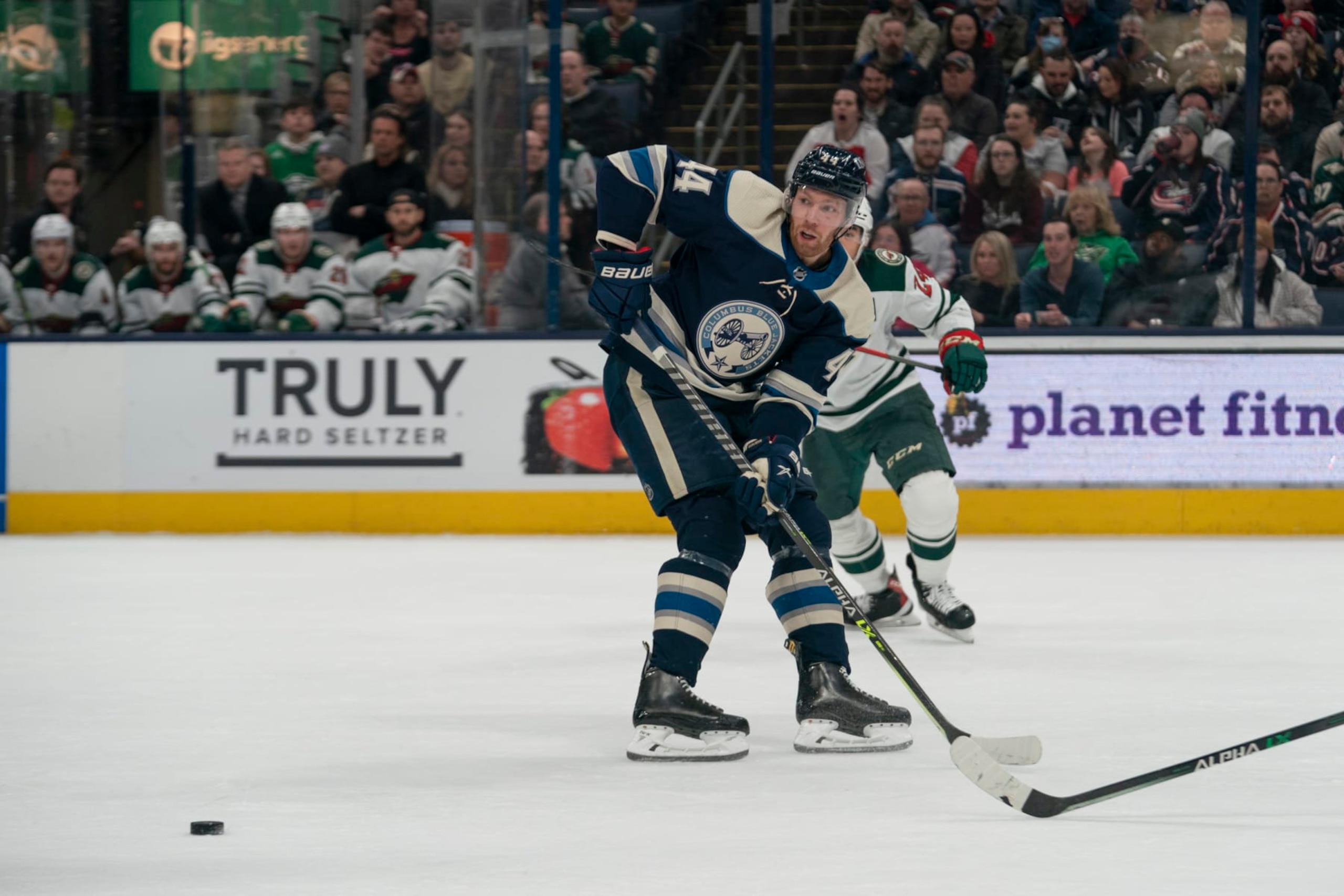 COLUMBUS, OH - MARCH 11: Columbus Blue Jackets defenseman Vladislav Gavrikov #44 passes the puck during the game between the Columbus Blue Jackets and the Minnesota Wild at Nationwide Arena in Columbus, Ohio on March 11, 2022. (Photo by Jason Mowry/Icon Sportswire via Getty Images) COLUMBUS, OH - MARCH 11: Columbus Blue Jackets defenseman Vladislav Gavrikov #44 passes the puck during the game between the Columbus Blue Jackets and the Minnesota Wild at Nationwide Arena in Columbus, Ohio on March 11, 2022. (Photo by Jason Mowry/Icon Sportswire via Getty Images)