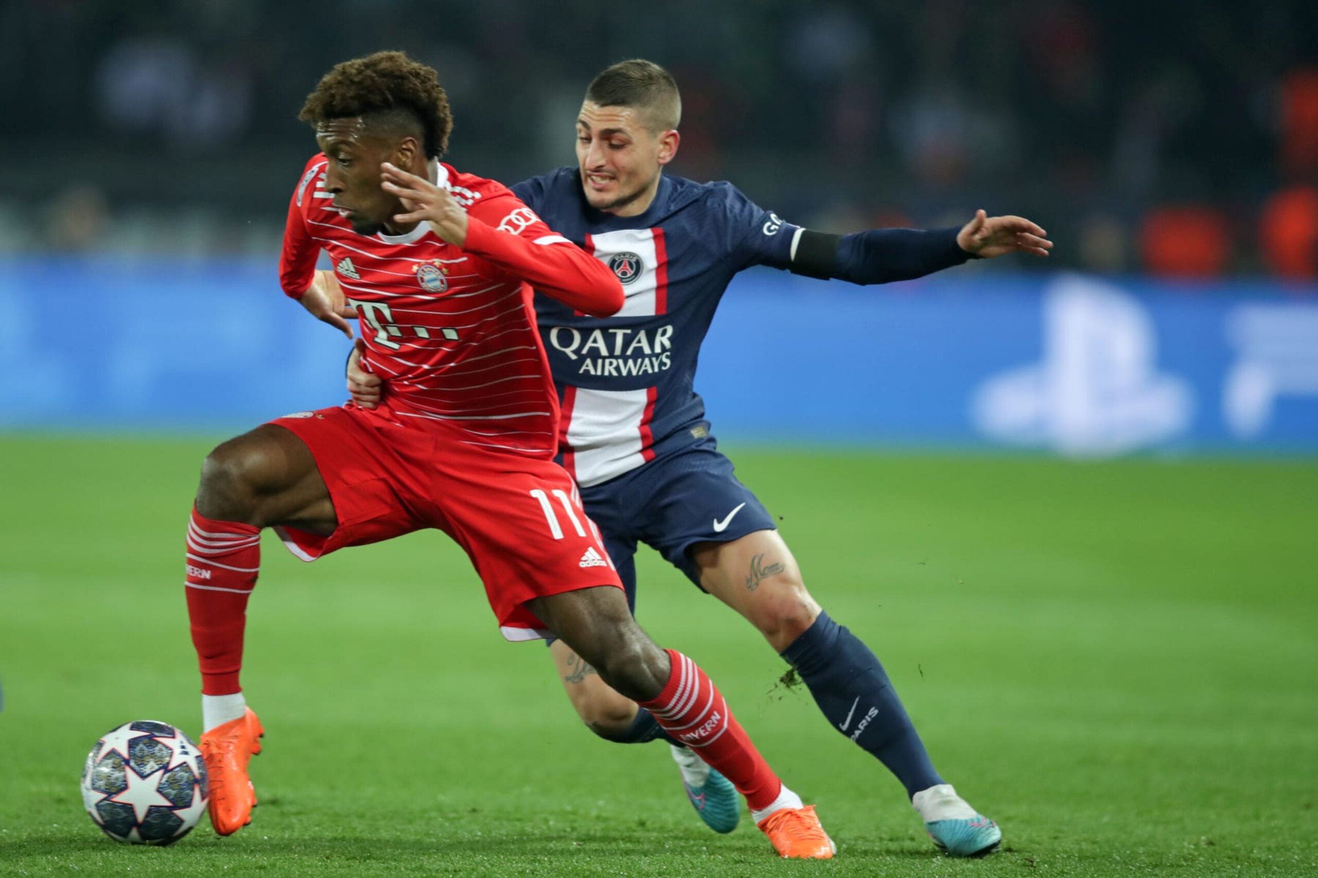 PARIS, FRANCE - FEBRUARY 14: Kingsley Coman of Bayern Muenchen vies with Marco Verratti of FC Paris Saint Germain during the UEFA Champions League round of 16 leg one match between Paris Saint-Germain and FC Bayern Mรผnchen at Parc des Princes on February 14, 2023 in Paris, France. (Photo by Christina Pahnke - sampics/Corbis via Getty Images) PARIS, FRANCE - FEBRUARY 14: Kingsley Coman of Bayern Muenchen vies with Marco Verratti of FC Paris Saint Germain during the UEFA Champions League round of 16 leg one match between Paris Saint-Germain and FC Bayern Mรผnchen at Parc des Princes on February 14, 2023 in Paris, France. (Photo by Christina Pahnke - sampics/Corbis via Getty Images)