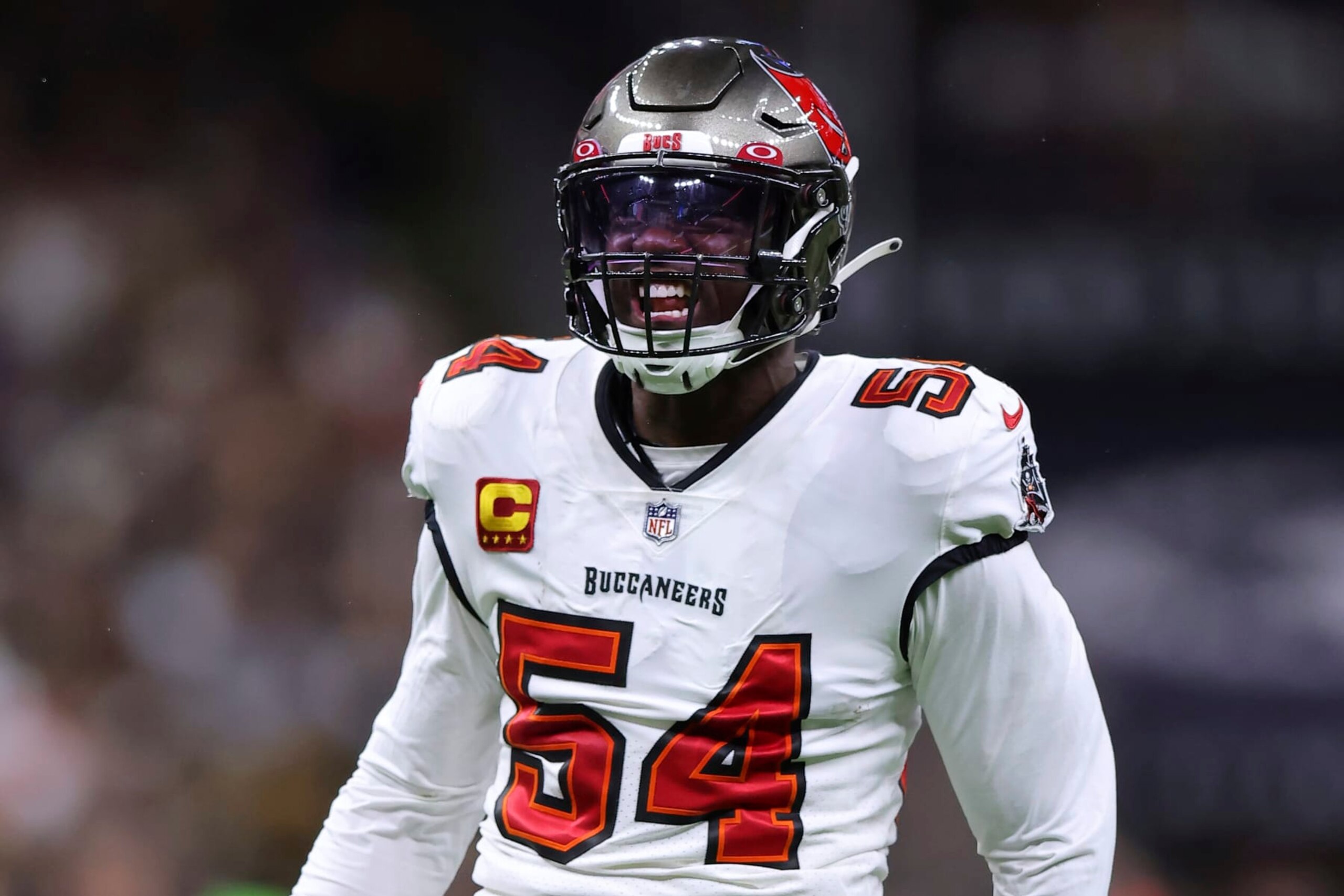 Tampa Bay Buccaneers linebacker Lavonte David (54) celebrates a sack during an NFL football game against the New Orleans Saints, Sunday, Sept. 18, 2022, in New Orleans. (AP Photo/Jonathan Bachman)