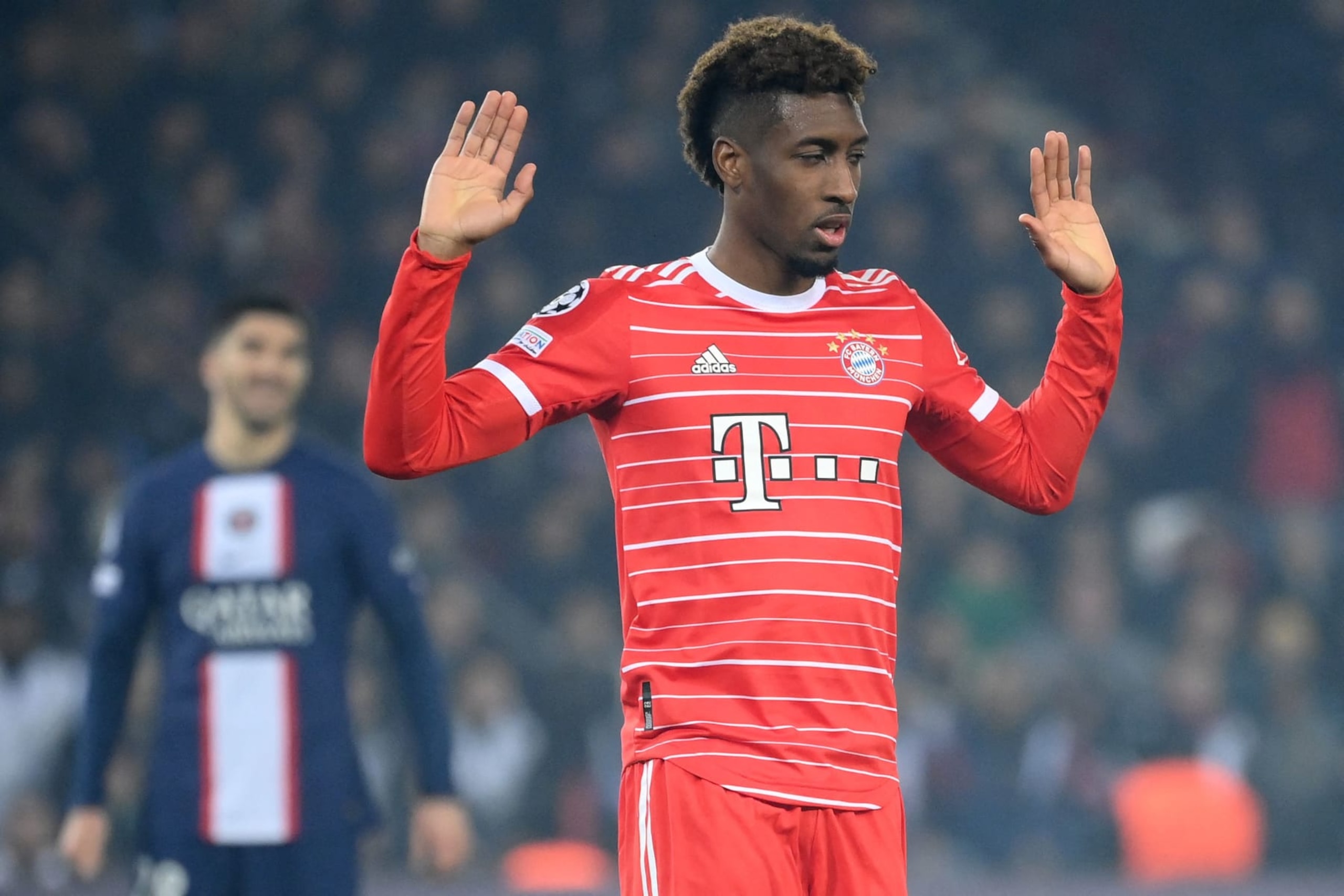 Bayern Munich's French forward Kingsley Coman (R) celebrates scoring his team's first goal during first leg of the UEFA Champions League round of 16 football match between Paris Saint-Germain (PSG) and FC Bayern Munich at the Parc des Princes stadium in Paris on February 14, 2023. (Photo by FRANCK FIFE / AFP) (Photo by FRANCK FIFE/AFP via Getty Images) Bayern Munich's French forward Kingsley Coman (R) celebrates scoring his team's first goal during first leg of the UEFA Champions League round of 16 football match between Paris Saint-Germain (PSG) and FC Bayern Munich at the Parc des Princes stadium in Paris on February 14, 2023. (Photo by FRANCK FIFE / AFP) (Photo by FRANCK FIFE/AFP via Getty Images)