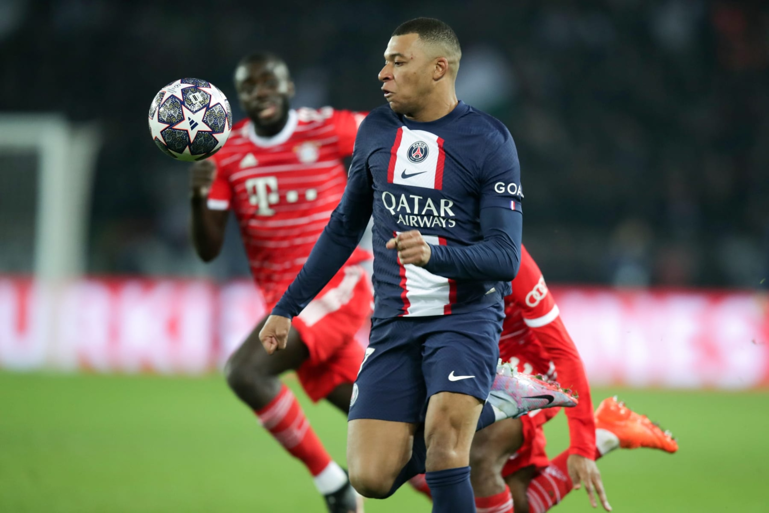 PARIS, FRANCE - FEBRUARY 14: Kylian Mbappe of FC Paris Saint Germain runs with a ball during the UEFA Champions League round of 16 leg one match between Paris Saint-Germain and FC Bayern Mรผnchen at Parc des Princes on February 14, 2023 in Paris, France. (Photo by Christina Pahnke - sampics/Corbis via Getty Images) PARIS, FRANCE - FEBRUARY 14: Kylian Mbappe of FC Paris Saint Germain runs with a ball during the UEFA Champions League round of 16 leg one match between Paris Saint-Germain and FC Bayern Mรผnchen at Parc des Princes on February 14, 2023 in Paris, France. (Photo by Christina Pahnke - sampics/Corbis via Getty Images)