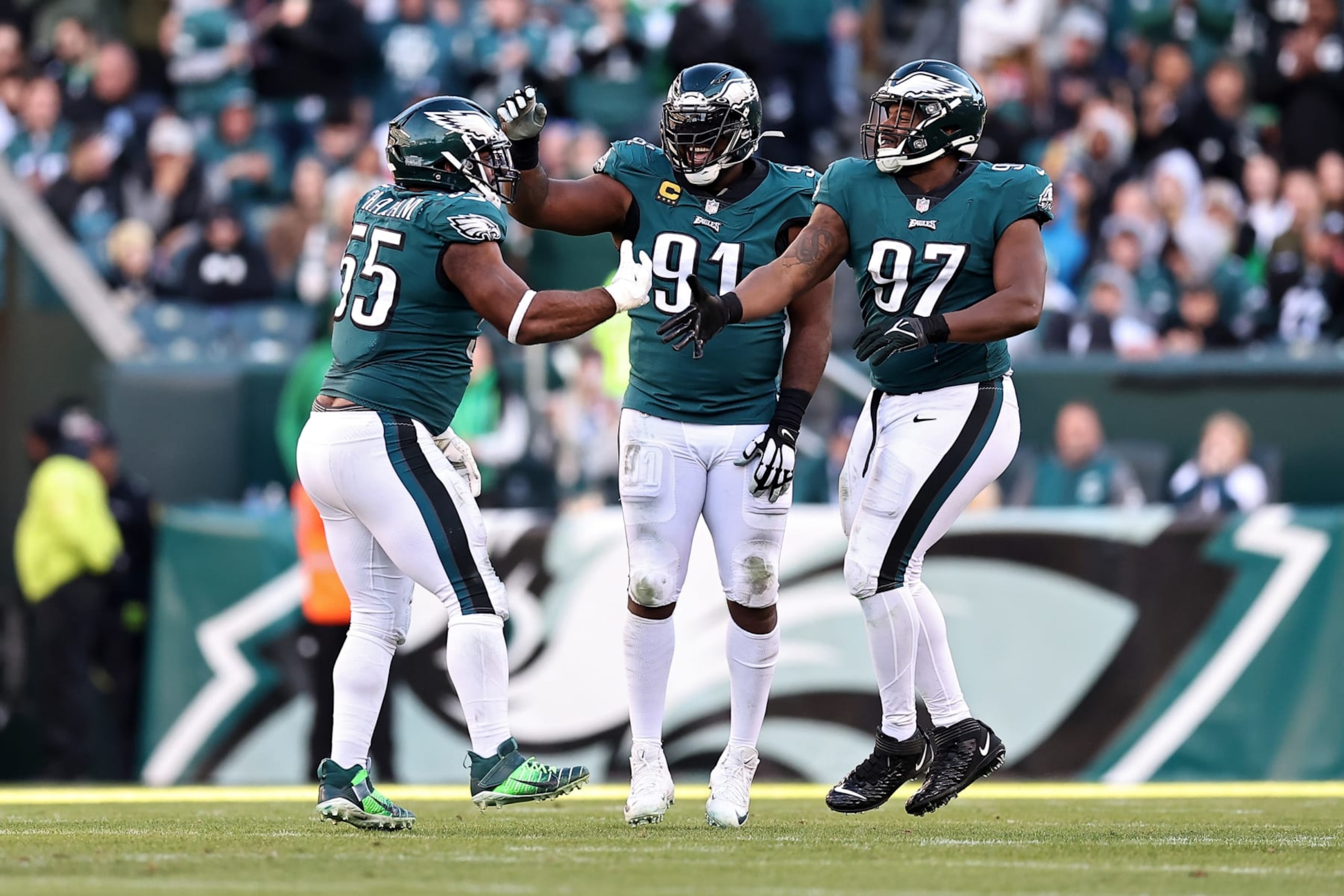 Brandon Graham (left), Fletcher Cox (middle) and Javon Hargrave (right)