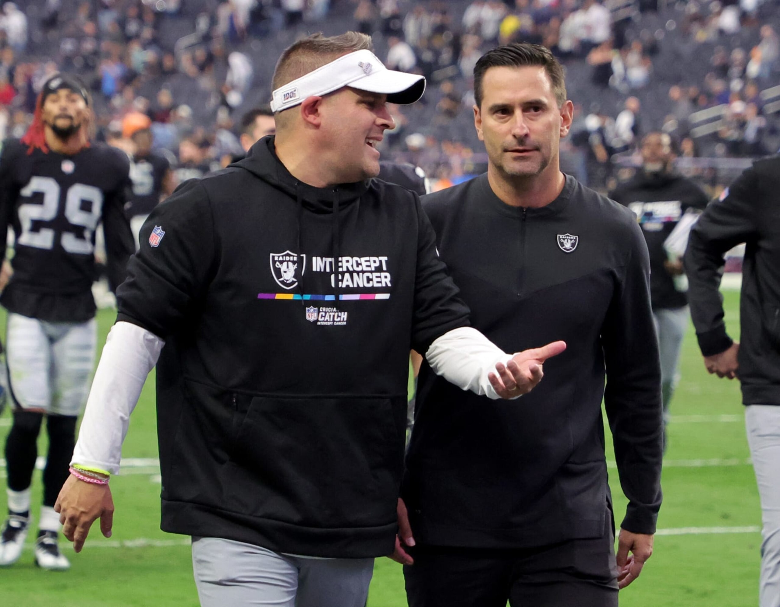 LAS VEGAS, NEVADA - OCTOBER 23: Head coach Josh McDaniels (L) and general manager Dave Ziegler of the Las Vegas Raiders walk off the field after the team's 38-20 victory over the Houston Texans at Allegiant Stadium on October 23, 2022 in Las Vegas, Nevada. (Photo by Ethan Miller/Getty Images)