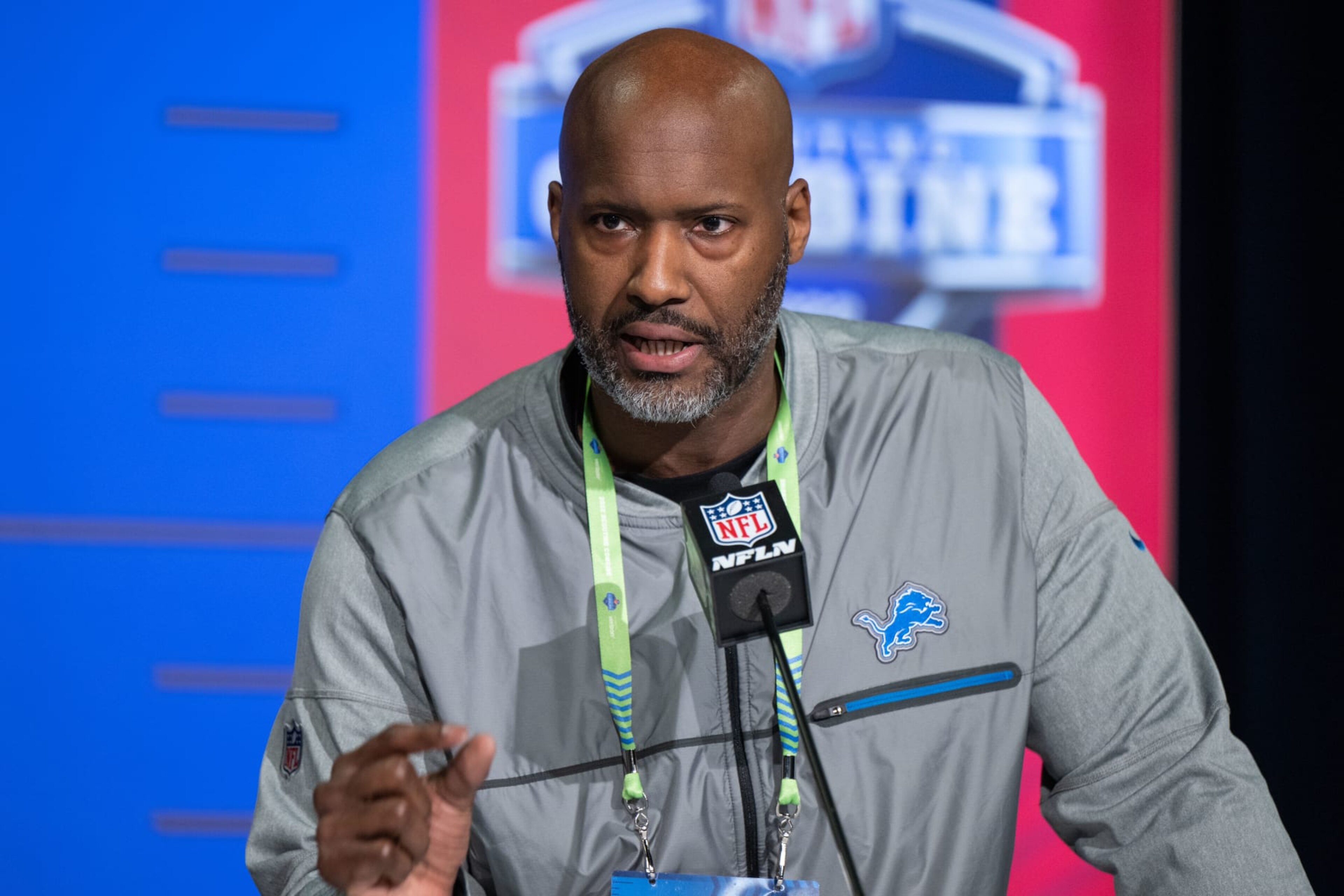 INDIANAPOLIS, IN - MARCH 01: Detroit Lions general manager Brad Holmes answers questions from the media during the NFL Scouting Combine on March 1, 2022, at the Indiana Convention Center in Indianapolis, IN. (Photo by Zach Bolinger/Icon Sportswire via Getty Images) INDIANAPOLIS, IN - MARCH 01: Detroit Lions general manager Brad Holmes answers questions from the media during the NFL Scouting Combine on March 1, 2022, at the Indiana Convention Center in Indianapolis, IN. (Photo by Zach Bolinger/Icon Sportswire via Getty Images)