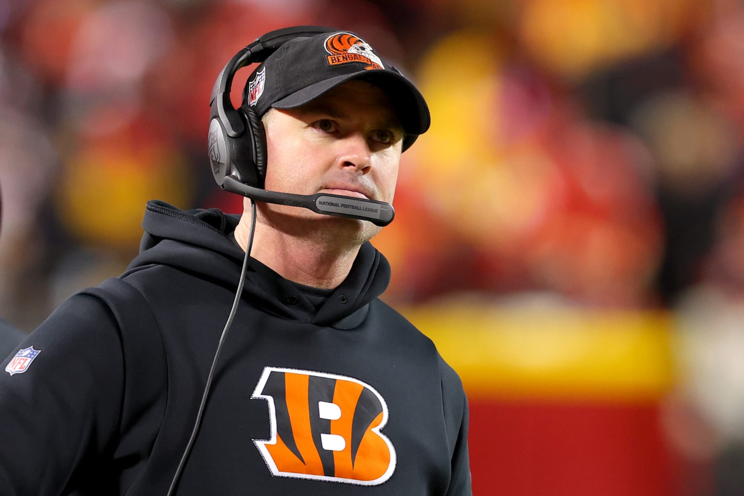 KANSAS CITY, MISSOURI - JANUARY 29: Head coach Zac Taylor of the Cincinnati Bengals looks on during the third quarter against the Kansas City Chiefs in the AFC Championship Game at GEHA Field at Arrowhead Stadium on January 29, 2023 in Kansas City, Missouri. (Photo by Kevin C. Cox/Getty Images)