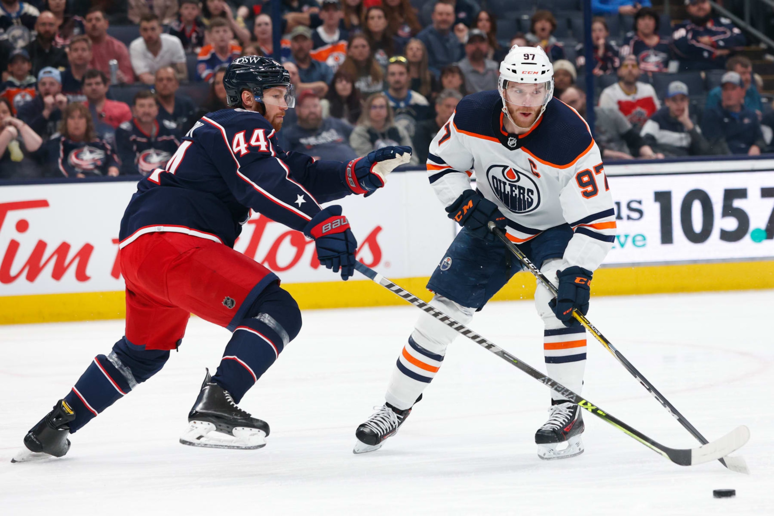 COLUMBUS, OH - APRIL 24: Edmonton Oilers center Connor McDavid (97) covered by Columbus Blue Jackets defenceman Vladislav Gavrikov (44) during the game between the Columbus Blue Jackets and the Edmonton Oilers on April 24, 2022, at Nationwide Arena in Columbus, Ohio. (Photo by Graham Stokes/Icon Sportswire via Getty Images) COLUMBUS, OH - APRIL 24: Edmonton Oilers center Connor McDavid (97) covered by Columbus Blue Jackets defenceman Vladislav Gavrikov (44) during the game between the Columbus Blue Jackets and the Edmonton Oilers on April 24, 2022, at Nationwide Arena in Columbus, Ohio. (Photo by Graham Stokes/Icon Sportswire via Getty Images)