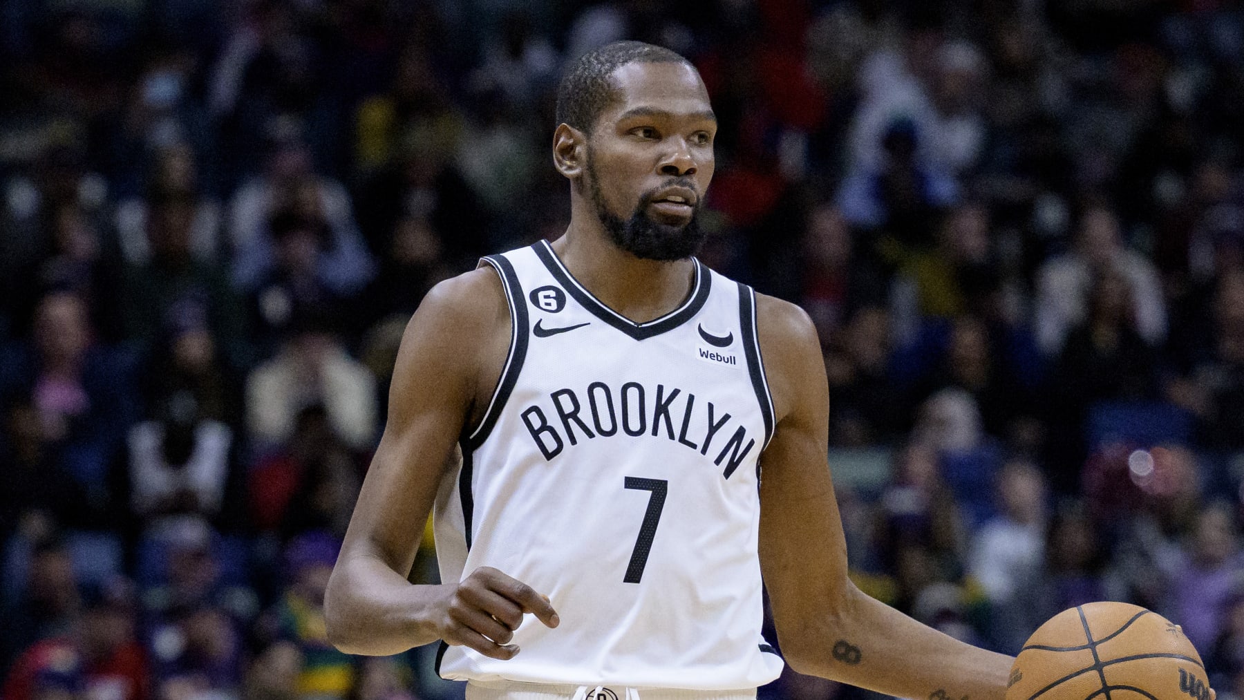 Brooklyn Nets forward Kevin Durant (7) dribbles in the first half of an NBA basketball game against the New Orleans Pelicans in New Orleans, Friday, Jan. 6, 2023. (AP Photo/Matthew Hinton)