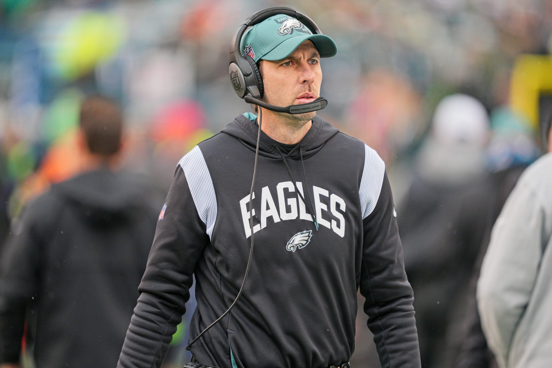 PHILADELPHIA, PA - JANUARY 29: Philadelphia Eagles offensive coordinator Shane Steichen looks on during the Championship game between the San Fransisco 49ers and the Philadelphia Eagles on January 29, 2023. (Photo by Andy Lewis/Icon Sportswire via Getty Images) PHILADELPHIA, PA - JANUARY 29: Philadelphia Eagles offensive coordinator Shane Steichen looks on during the Championship game between the San Fransisco 49ers and the Philadelphia Eagles on January 29, 2023. (Photo by Andy Lewis/Icon Sportswire via Getty Images)