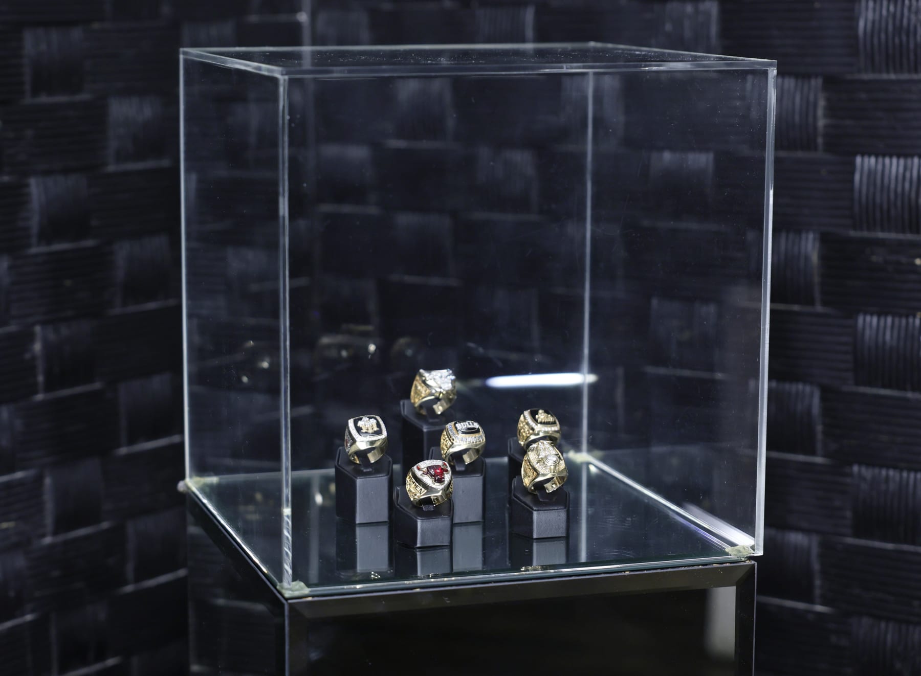 HOLLYWOOD, CALIFORNIA - OCTOBER 25: Championship rings are on display during the Neiman Marcus debut of their 2022 holiday campaign and unveiling of fantasy gifts at Hollywood Athletic Club on October 25, 2022 in Hollywood, California. (Photo by Stefanie Keenan/Getty Images for Neiman Marcus)