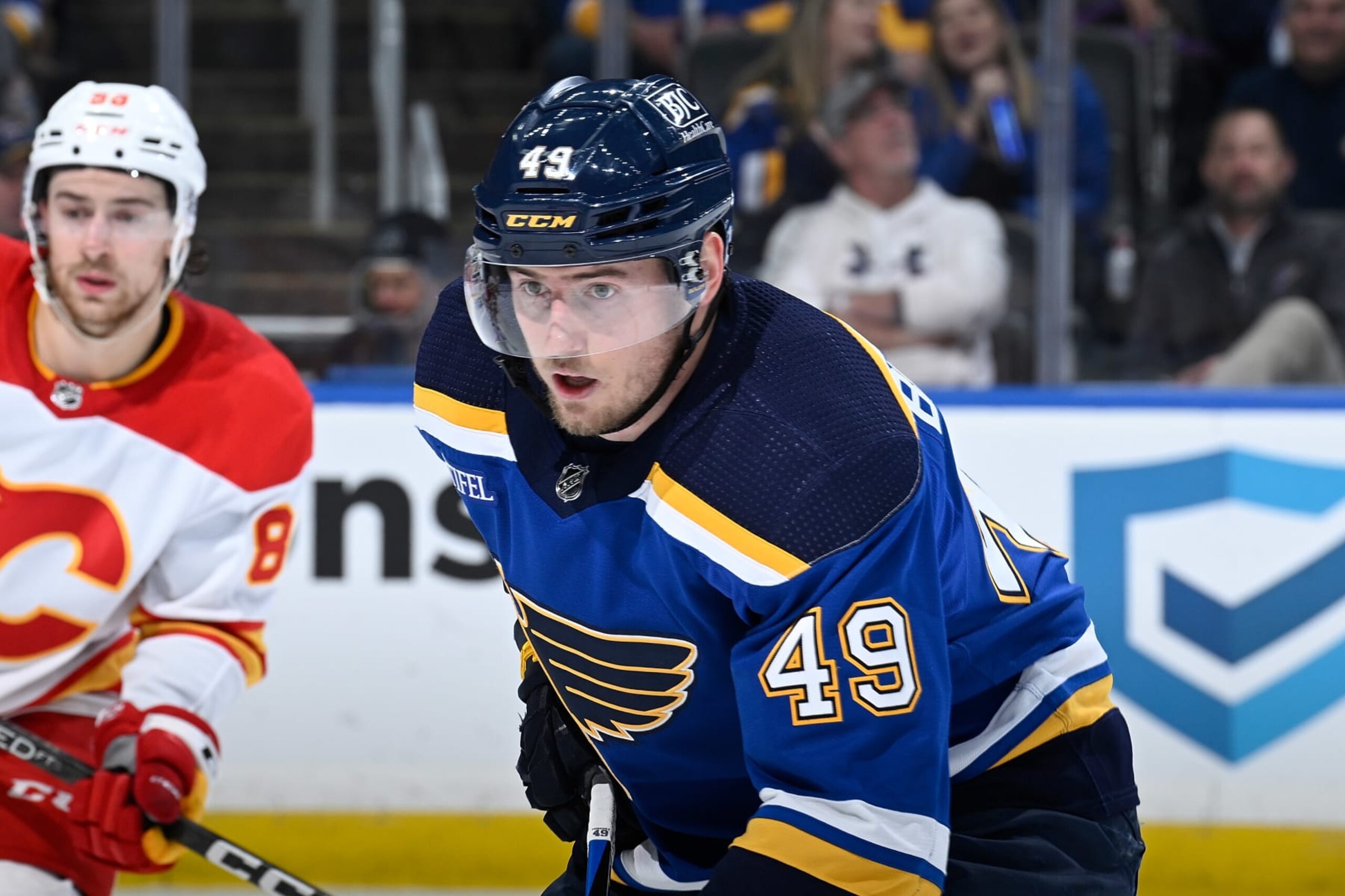 ST. LOUIS, MO - JANUARY 12: Ivan Barbashev #49 of the St. Louis Blues looks on against the Calgary Flames at the Enterprise Center on January 12, 2023 in St. Louis, Missouri. (Photo by Joe Puetz/NHLI via Getty Images)