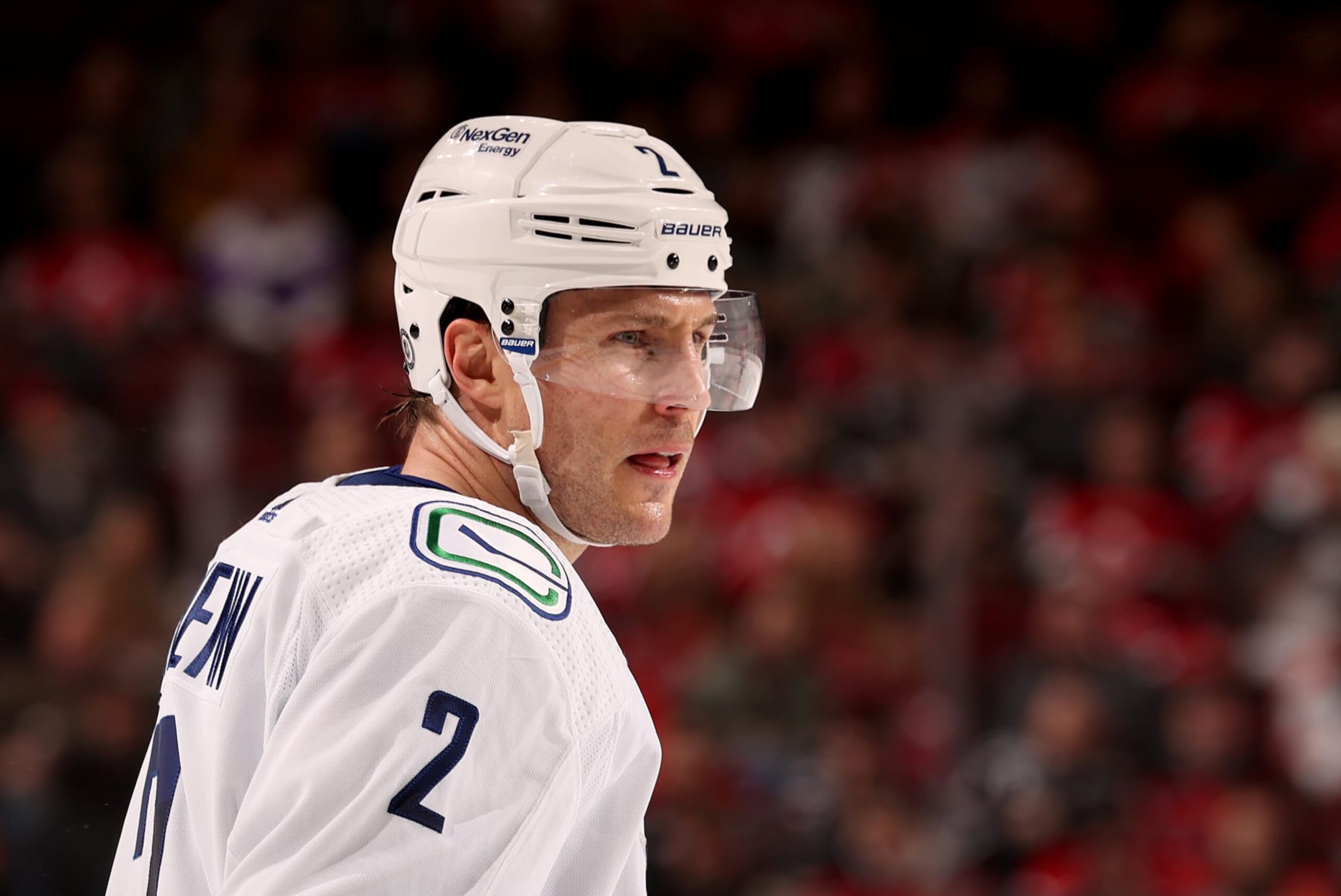 NEWARK, NEW JERSEY - FEBRUARY 06:  Luke Schenn #2 of the Vancouver Canucks looks on during a stop in play in the third period against the New Jersey Devils at Prudential Center on February 06, 2023 in Newark, New Jersey. The New Jersey Devils defeated the Vancouver Canucks 5-4 in overtime. (Photo by Elsa/Getty Images)