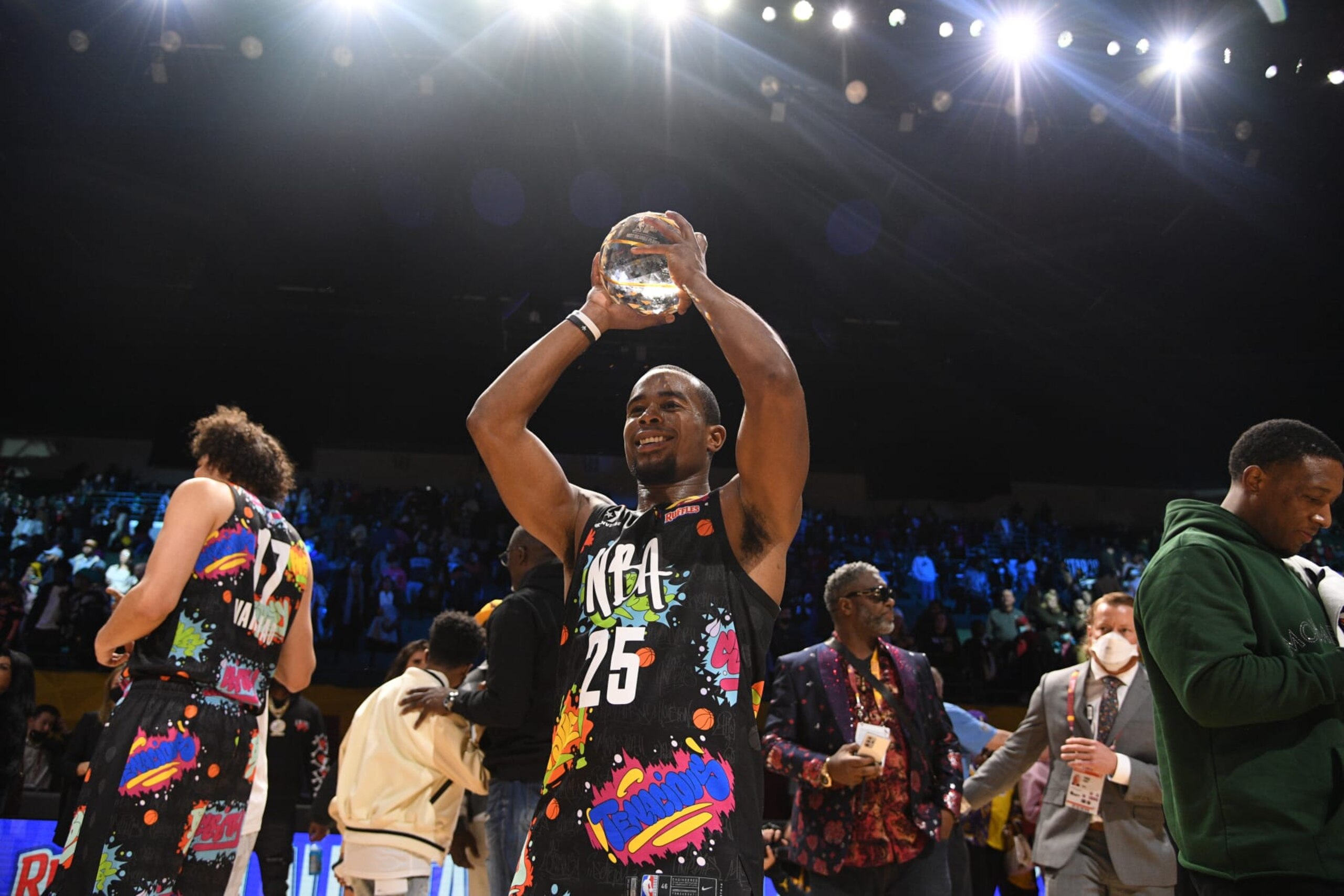 CLEVELAND, OH - FEBRUARY 18: Alex Toussaint #25 of Team Walton poses for a photo after winning the NBA All Star Ruffles Celebrity Game MVP Trophy during the Ruffles NBA All-Star Celebrity Game during the Ruffles NBA All-Star Celebrity Game as part of 2022 NBA All Star Weekend on Friday, February 18, 2022 at Wolstein Center in Cleveland, Ohio. NOTE TO USER: User expressly acknowledges and agrees that, by downloading and/or using this Photograph, user is consenting to the terms and conditions of the Getty Images License Agreement. Mandatory Copyright Notice: Copyright 2022 NBAE (Photo by Chris Schwegler/NBAE via Getty Images)