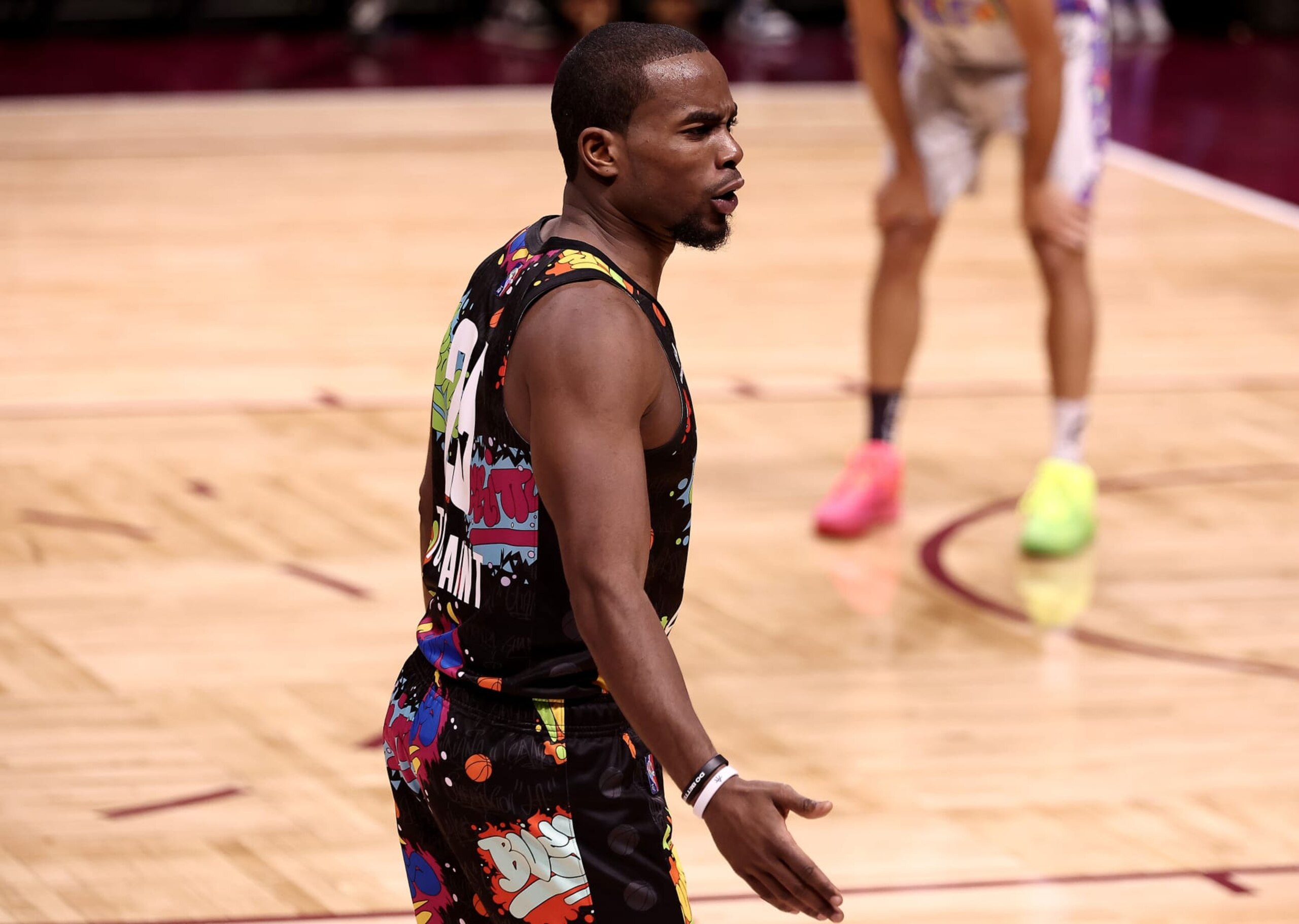 CLEVELAND, OHIO - FEBRUARY 18: Alex Toussaint #25 is seen in action during the Ruffles NBA All-Star Celebrity Game during the 2022 NBA All-Star Weekend at Wolstein Center on February 18, 2022 in Cleveland, Ohio. NOTE TO USER: User expressly acknowledges and agrees that, by downloading and or using this photograph, User is consenting to the terms and conditions of the Getty Images License Agreement. (Photo by Arturo Holmes/Getty Images)
