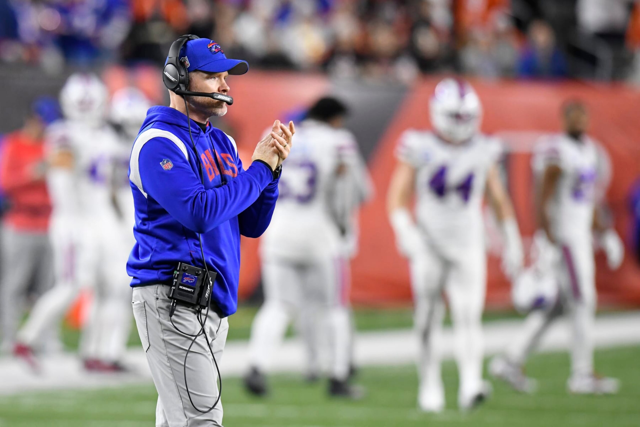 CINCINNATI, OH - JANUARY 02: Buffalo Bills head coach Sean McDermott claps during the NFL football game between the Buffalo Bills and the Cincinnati Bengals on January 2, 2023, at Paycor Stadium in Cincinnati, Ohio. (Photo by Michael Allio/Icon Sportswire via Getty Images)