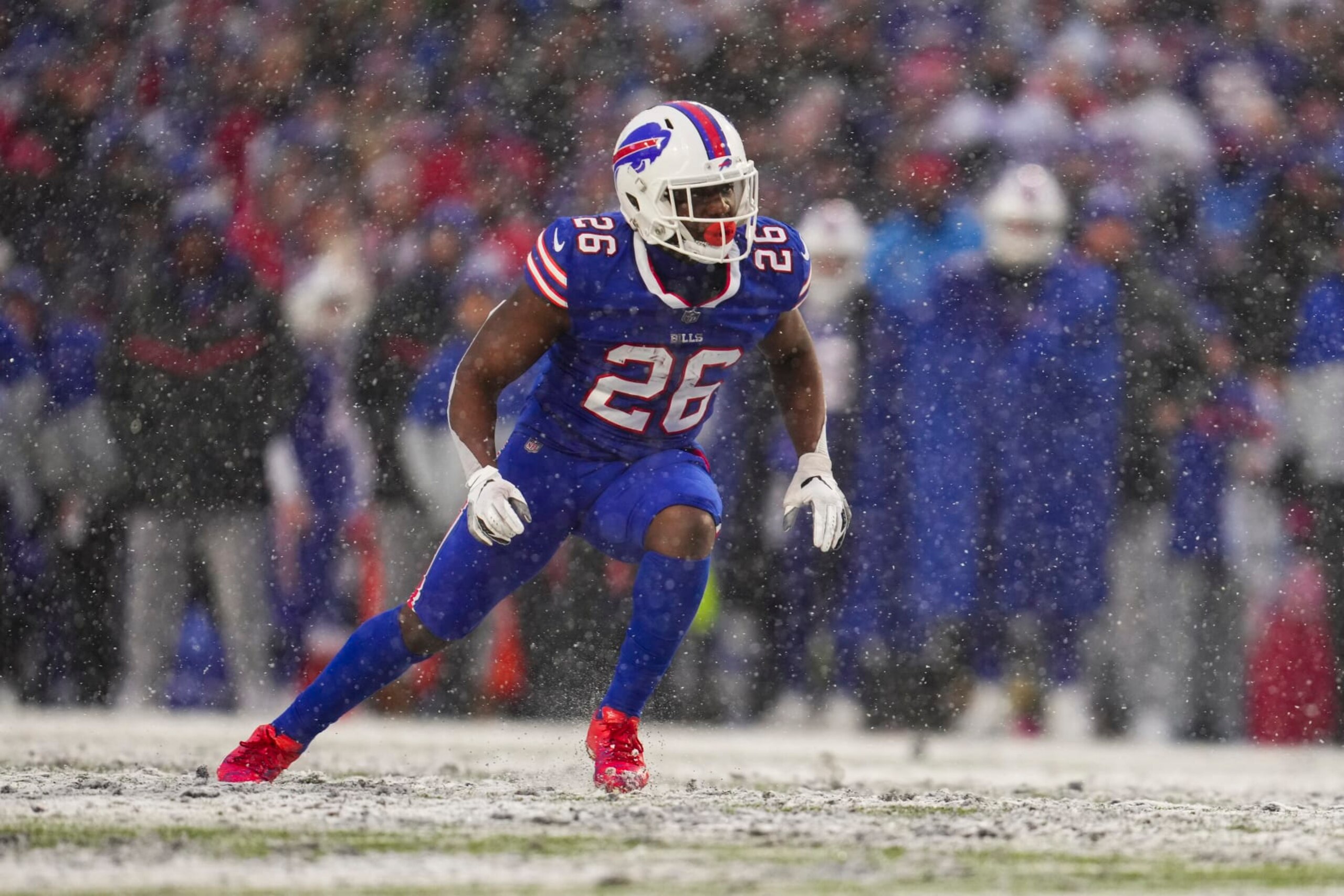 ORCHARD PARK, NY - JANUARY 22: Devin Singletary #26 of the Buffalo Bills plays the field against the Cincinnati Bengals at Highmark Stadium on January 22, 2023 in Orchard Park, New York. (Photo by Cooper Neill/Getty Images)