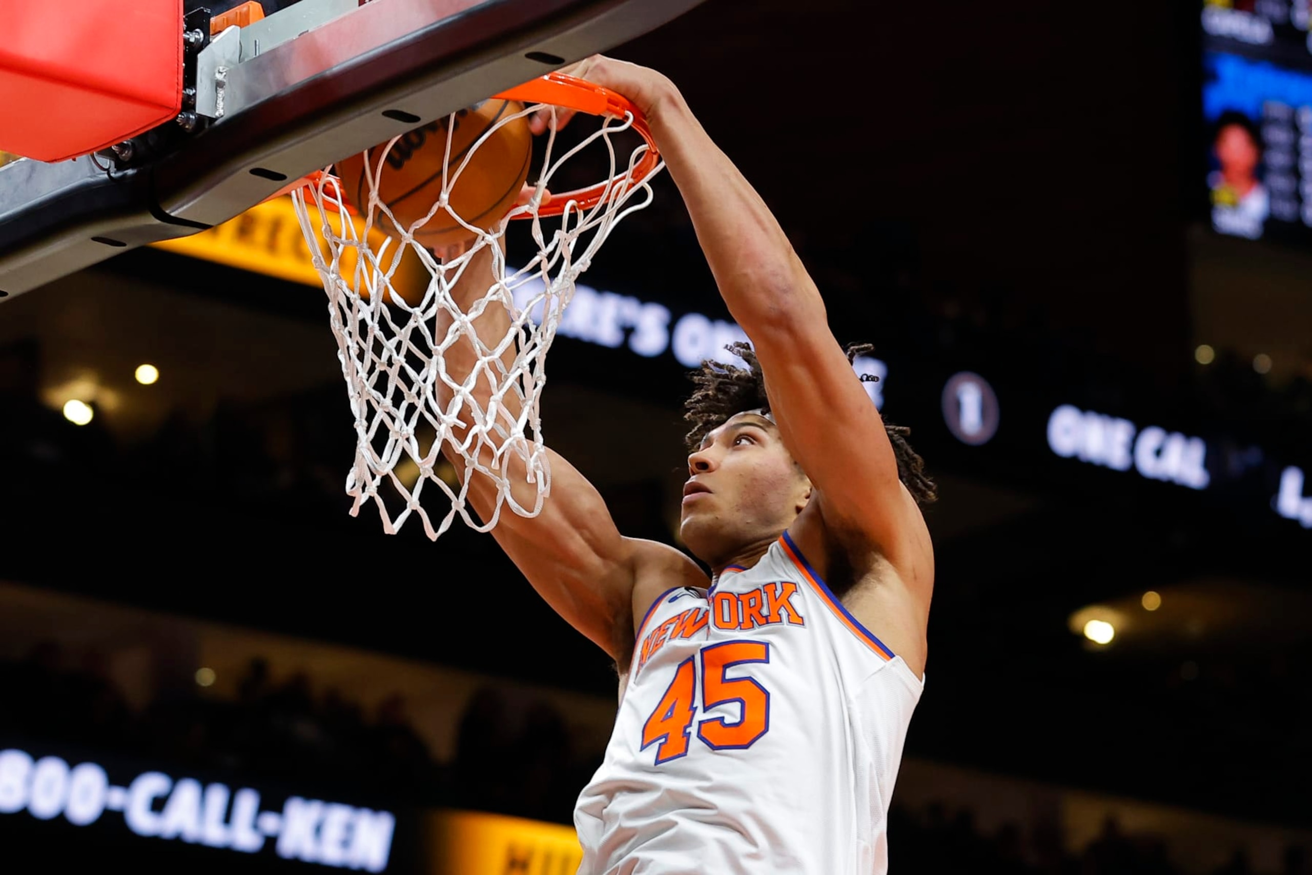 ATLANTA, GA - JANUARY 20: Jericho Sims #45 of the New York Knicks dunks during the first half against the Atlanta Hawks at State Farm Arena on January 20, 2023 in Atlanta, Georgia. NOTE TO USER: User expressly acknowledges and agrees that, by downloading and or using this photograph, User is consenting to the terms and conditions of the Getty Images License Agreement. (Photo by Todd Kirkland/Getty Images) ATLANTA, GA - JANUARY 20: Jericho Sims #45 of the New York Knicks dunks during the first half against the Atlanta Hawks at State Farm Arena on January 20, 2023 in Atlanta, Georgia. NOTE TO USER: User expressly acknowledges and agrees that, by downloading and or using this photograph, User is consenting to the terms and conditions of the Getty Images License Agreement. (Photo by Todd Kirkland/Getty Images)