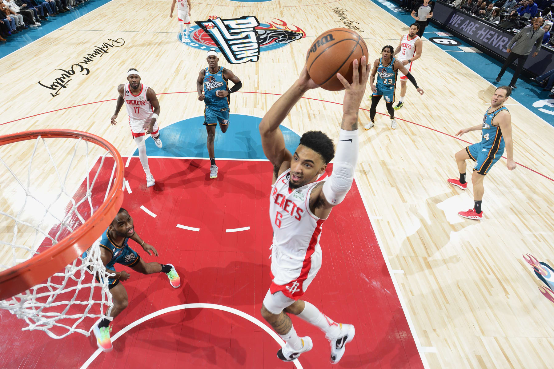 DETROIT, MI - JANUARY 28: Kenyon Martin Jr. #6 of the Houston Rockets dunks the ball against the Detroit Pistons on January 28, 2023 at Little Caesars Arena in Detroit, Michigan. NOTE TO USER: User expressly acknowledges and agrees that, by downloading and/or using this photograph, User is consenting to the terms and conditions of the Getty Images License Agreement. Mandatory Copyright Notice: Copyright 2023 NBAE (Photo by Chris Schwegler/NBAE via Getty Images)