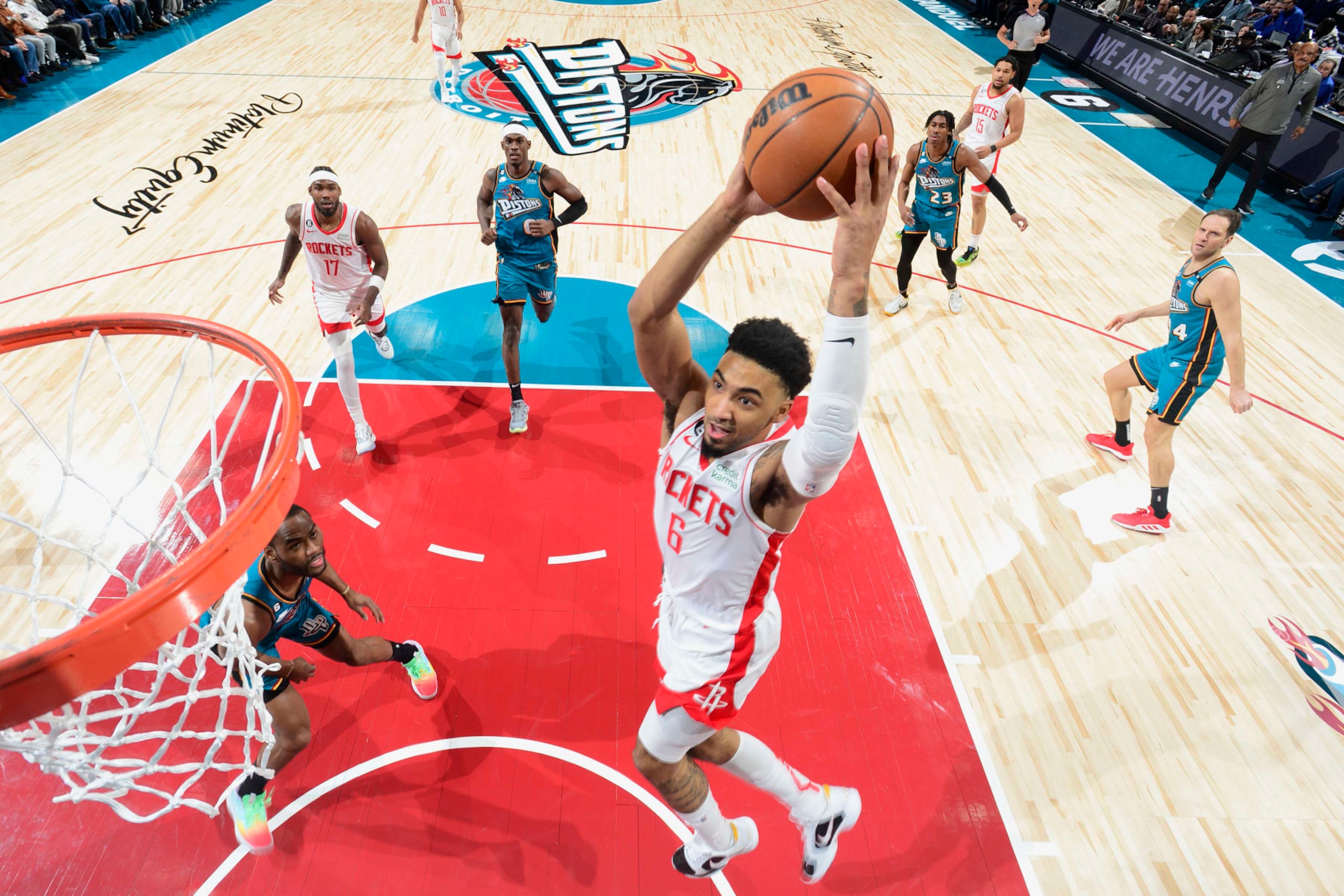 DETROIT, MI - JANUARY 28: Kenyon Martin Jr. #6 of the Houston Rockets dunks the ball against the Detroit Pistons on January 28, 2023 at Little Caesars Arena in Detroit, Michigan. NOTE TO USER: User expressly acknowledges and agrees that, by downloading and/or using this photograph, User is consenting to the terms and conditions of the Getty Images License Agreement. Mandatory Copyright Notice: Copyright 2023 NBAE (Photo by Chris Schwegler/NBAE via Getty Images) DETROIT, MI - JANUARY 28: Kenyon Martin Jr. #6 of the Houston Rockets dunks the ball against the Detroit Pistons on January 28, 2023 at Little Caesars Arena in Detroit, Michigan. NOTE TO USER: User expressly acknowledges and agrees that, by downloading and/or using this photograph, User is consenting to the terms and conditions of the Getty Images License Agreement. Mandatory Copyright Notice: Copyright 2023 NBAE (Photo by Chris Schwegler/NBAE via Getty Images)