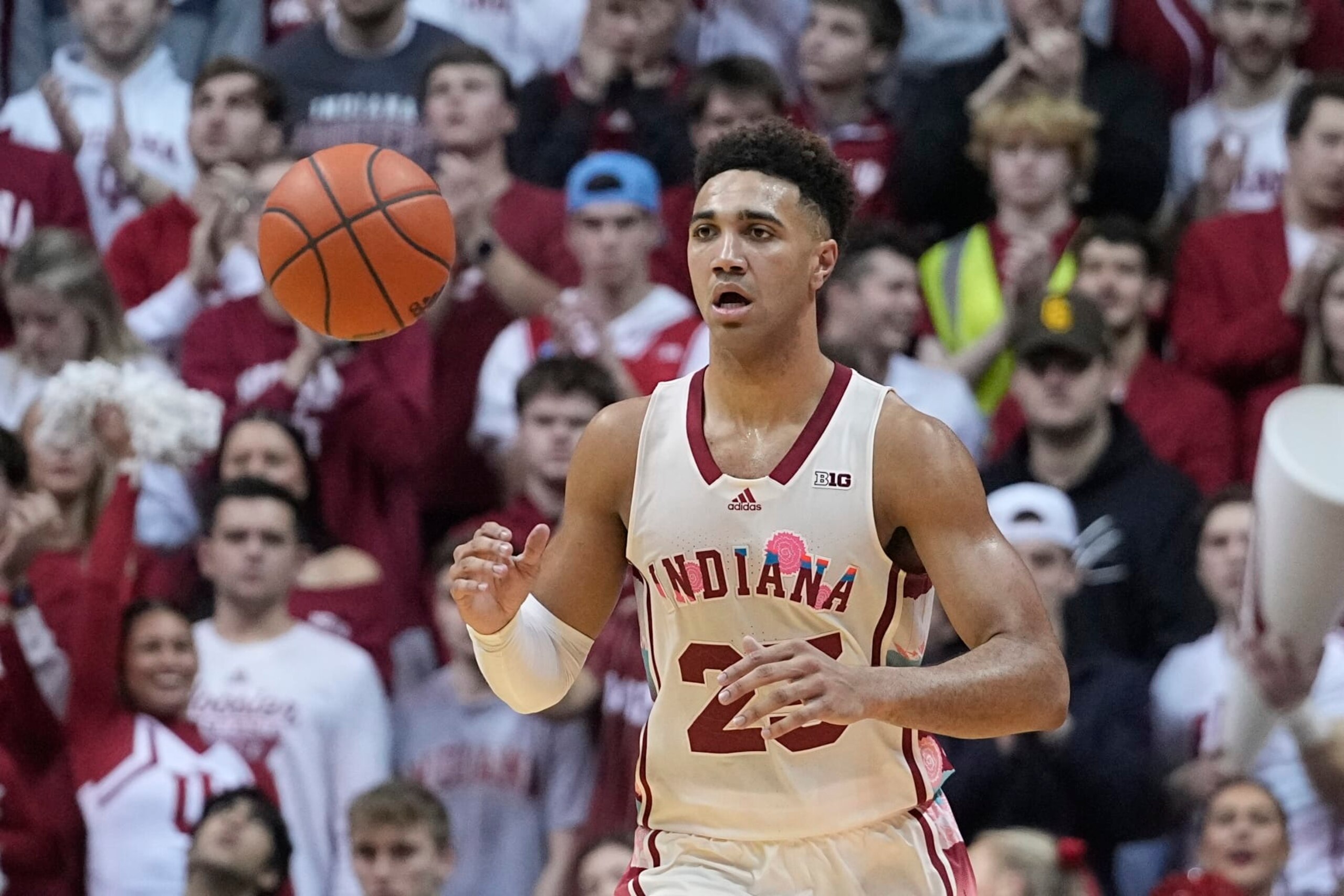 Indiana forward Trayce Jackson-Davis (23) dribbles during the second half of an NCAA college basketball game against Rutgers, Tuesday, Feb. 7, 2023, in Bloomington, Ind. (AP Photo/Darron Cummings)