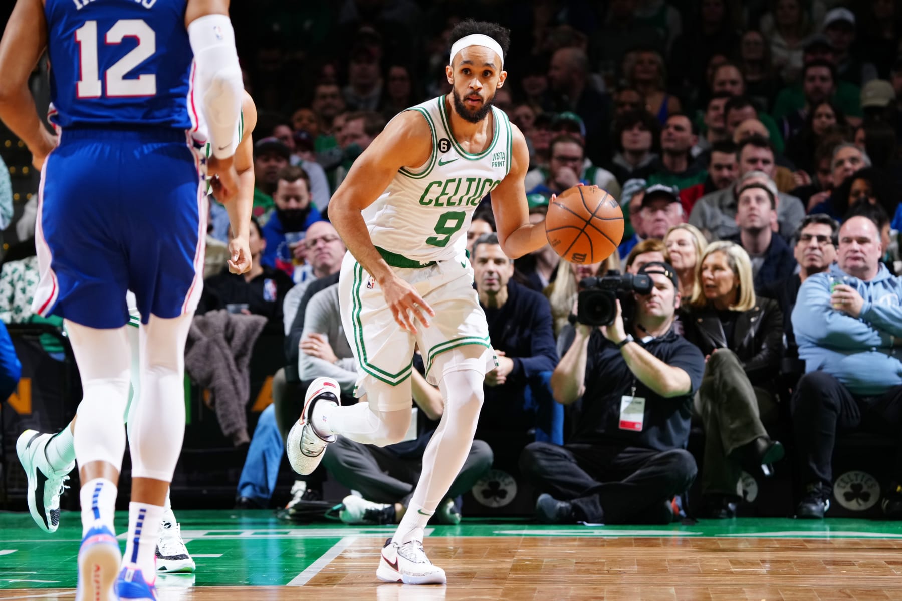 BOSTON, MA - FEBRUARY 8: Derrick White #9 of the Boston Celtics drives to the basket during the game against the Philadelphia 76ers on February 8, 2023 at the TD Garden in Boston, Massachusetts. NOTE TO USER: User expressly acknowledges and agrees that, by downloading and or using this photograph, User is consenting to the terms and conditions of the Getty Images License Agreement. Mandatory Copyright Notice: Copyright 2023 NBAE  (Photo by Brian Babineau/NBAE via Getty Images)