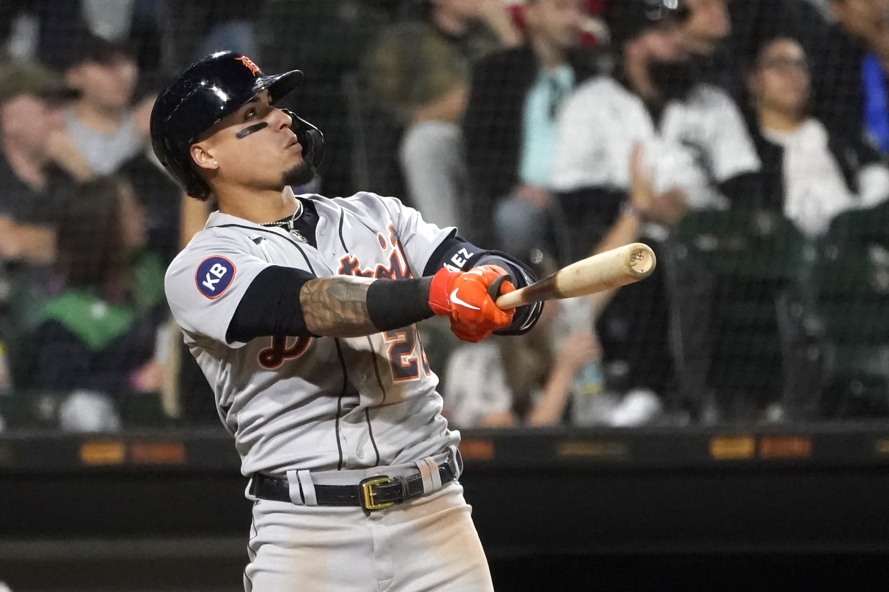 Detroit Tigers' Javier Baez watches his three-run home run off Chicago White Sox relief pitcher Jake Diekman during the seventh inning of a baseball game Saturday, Sept. 24, 2022, in Chicago. (AP Photo/Charles Rex Arbogast)