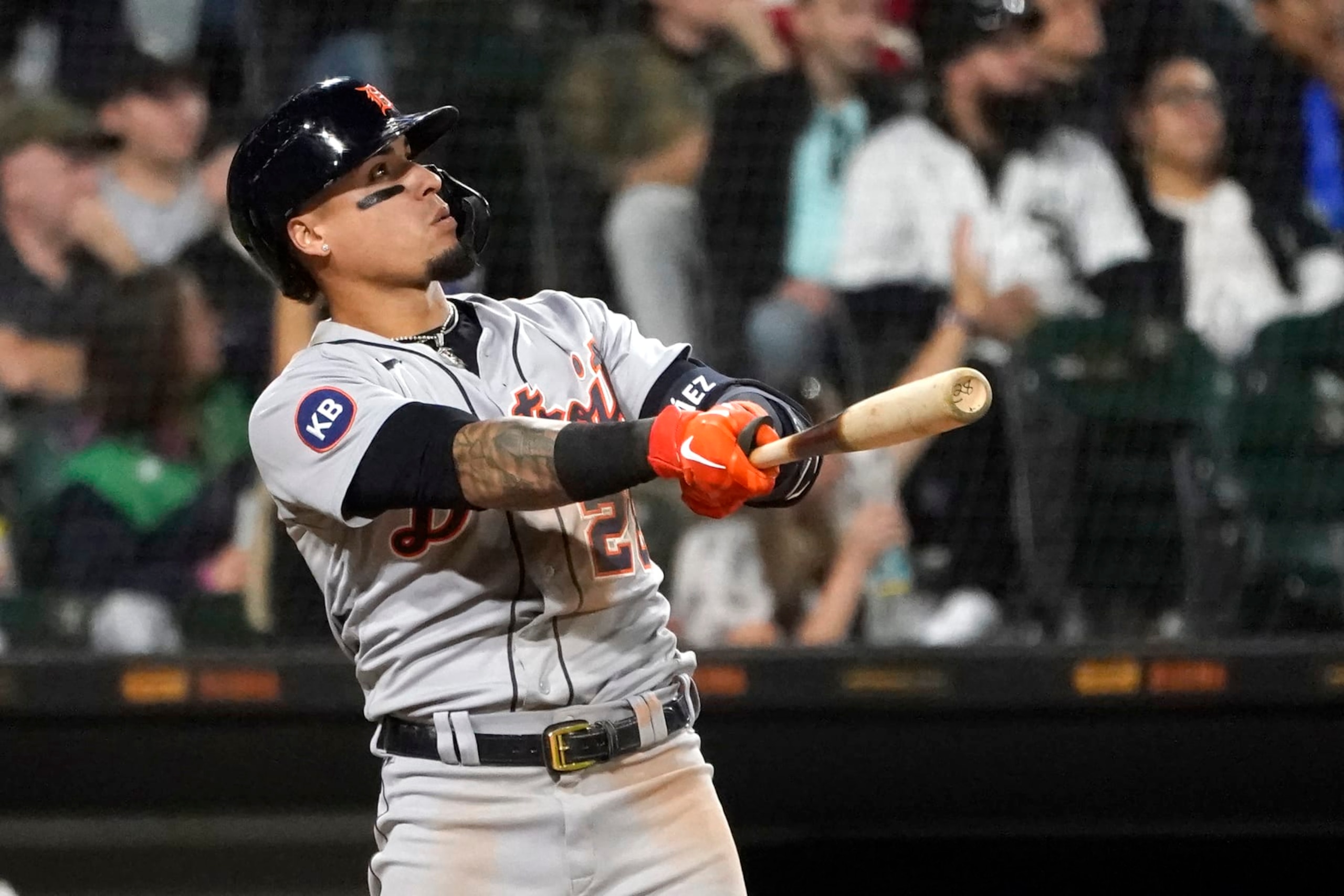 Detroit Tigers' Javier Baez watches his three-run home run off Chicago White Sox relief pitcher Jake Diekman during the seventh inning of a baseball game Saturday, Sept. 24, 2022, in Chicago. (AP Photo/Charles Rex Arbogast)