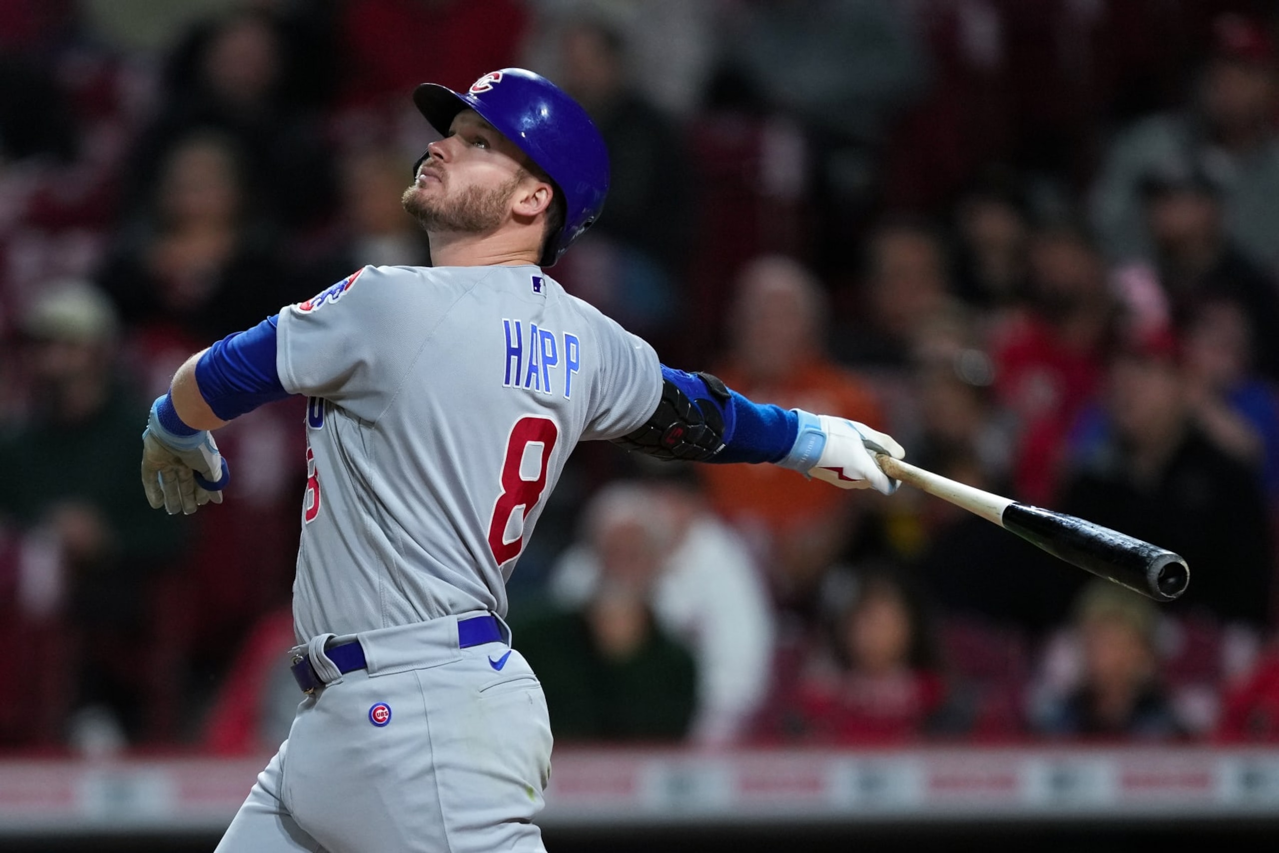 CINCINNATI, OHIO - OCTOBER 03: Ian Happ #8 of the Chicago Cubs flies out in the seventh inning against the Cincinnati Reds at Great American Ball Park on October 03, 2022 in Cincinnati, Ohio. (Photo by Dylan Buell/Getty Images)