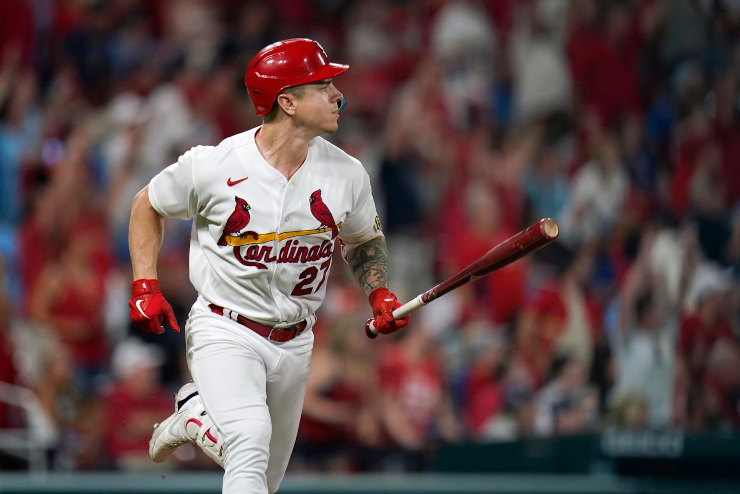 St. Louis Cardinals' Tyler O'Neill watches his three-run home run during the seventh inning in the second game of a baseball against the Chicago Cubs doubleheader Thursday, Aug. 4, 2022, in St. Louis. (AP Photo/Jeff Roberson)