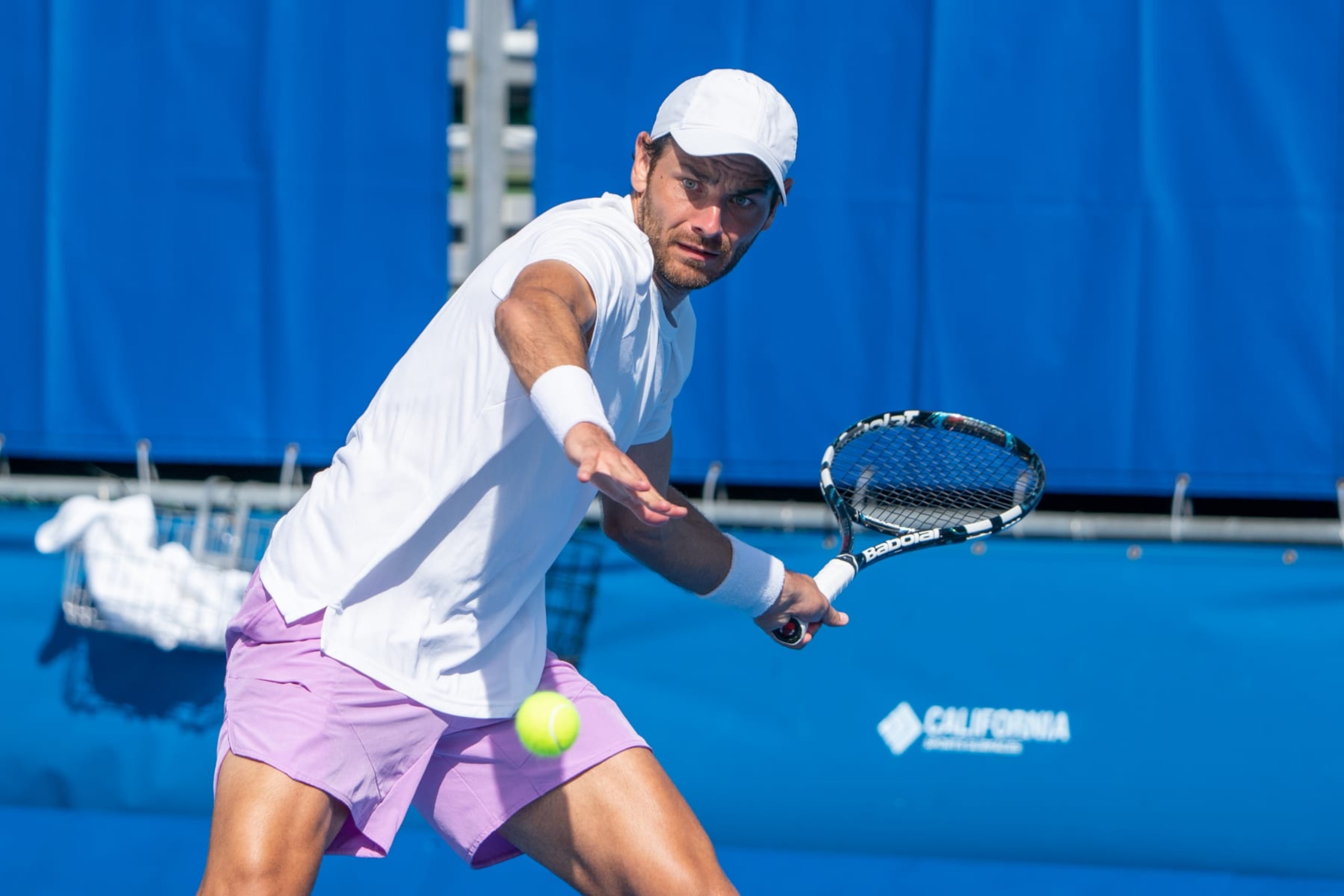 DELRAY BEACH, FL - FEBRUARY 12: Matija Pecotic (CRO) competes during the qualifying round of the ATP Delray Beach Open on February 12, 2023, at the Delray Beach Stadium & Tennis Center in Delray Beach, Florida.(Photo by Aaron Gilbert/Icon Sportswire via Getty Images)