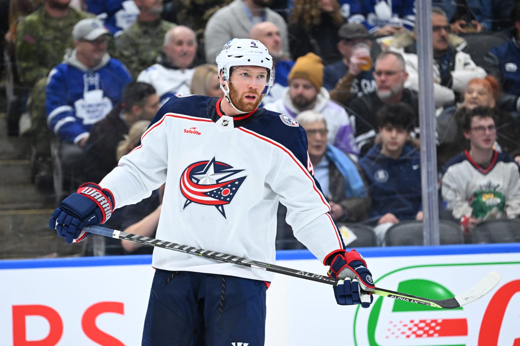 TORONTO, ON - FEBRUARY 11: Columbus Blue Jackets defenseman Vladislav Gavrikov (4) looks on before the face off in the second period during the NHL regular season game between the Columbus Blue Jackets and the Toronto Maple Leafs on February 11, 2023 at Scotiabank Arena in Toronto, ON. (Photo by Gavin Napier/Icon Sportswire via Getty Images)