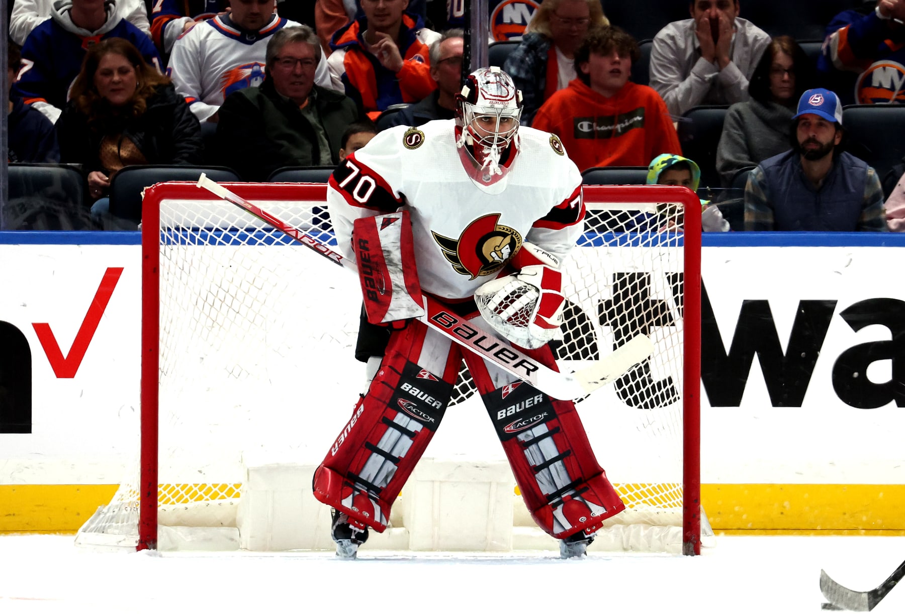 ELMONT, NEW YORK - FEBRUARY 14:  Kevin Mandolese #70 of the Ottawa Senators in action against the New York Islanders during their game at UBS Arena on February 14, 2023 in Elmont, New York. (Photo by Al Bello/Getty Images)