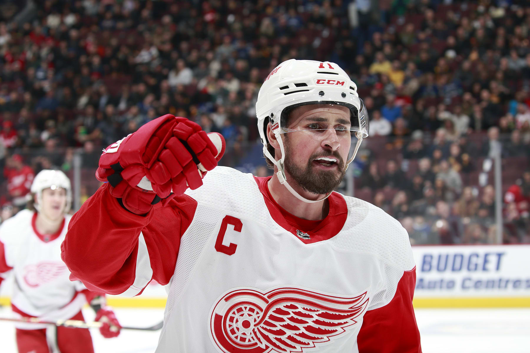 VANCOUVER, CANADA - FEBRUARY 13: Dylan Larkin #71 of the Detroit Red Wings celebrates his goal with teammates during the first period of their NHL game against the Vancouver Canucks  at Rogers Arena February 13, 2023 in Vancouver, British Columbia, Canada.  (Photo by Jeff Vinnick/NHLI via Getty Images)