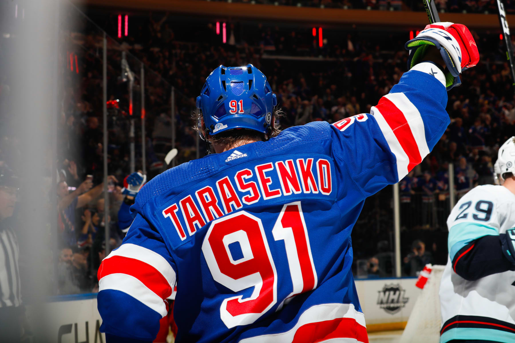 NEW YORK, NEW YORK - FEBRUARY 10:  Vladimir Tarasenko #91 of the New York Rangers celebrates after scoring his first goal as a Ranger in the first period against the Seattle Kraken at Madison Square Garden on February 10, 2023 in New York City. (Photo by Jared Silber/NHLI via Getty Images)