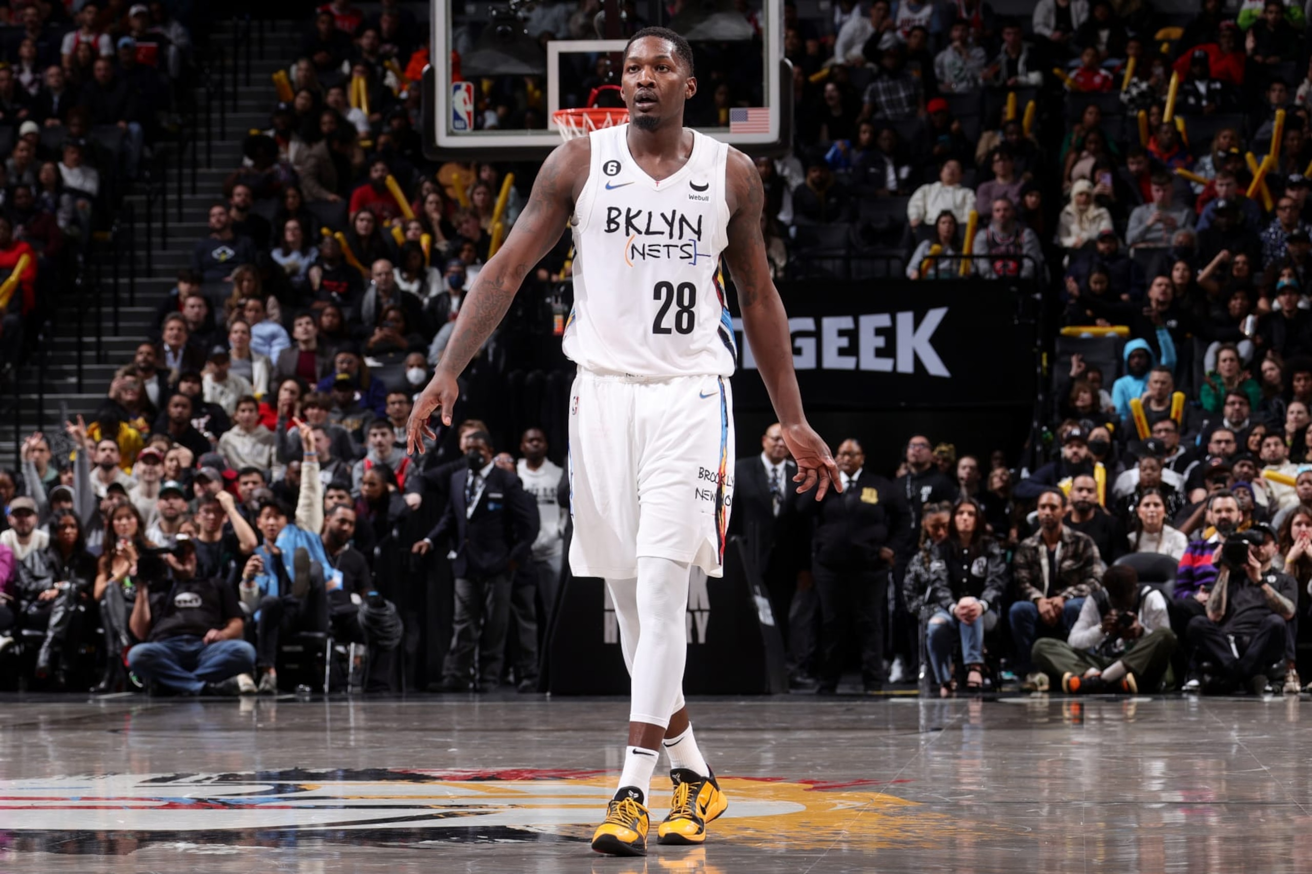 BROOKLYN, NY - FEBRUARY 9: Dorian Finney-Smith #28 of the Brooklyn Nets looks on during the game against the Chicago Bulls on February 9, 2023 at Barclays Center in Brooklyn, New York. NOTE TO USER: User expressly acknowledges and agrees that, by downloading and or using this Photograph, user is consenting to the terms and conditions of the Getty Images License Agreement. Mandatory Copyright Notice: Copyright 2023 NBAE (Photo by Nathaniel S. Butler/NBAE via Getty Images) BROOKLYN, NY - FEBRUARY 9: Dorian Finney-Smith #28 of the Brooklyn Nets looks on during the game against the Chicago Bulls on February 9, 2023 at Barclays Center in Brooklyn, New York. NOTE TO USER: User expressly acknowledges and agrees that, by downloading and or using this Photograph, user is consenting to the terms and conditions of the Getty Images License Agreement. Mandatory Copyright Notice: Copyright 2023 NBAE (Photo by Nathaniel S. Butler/NBAE via Getty Images)
