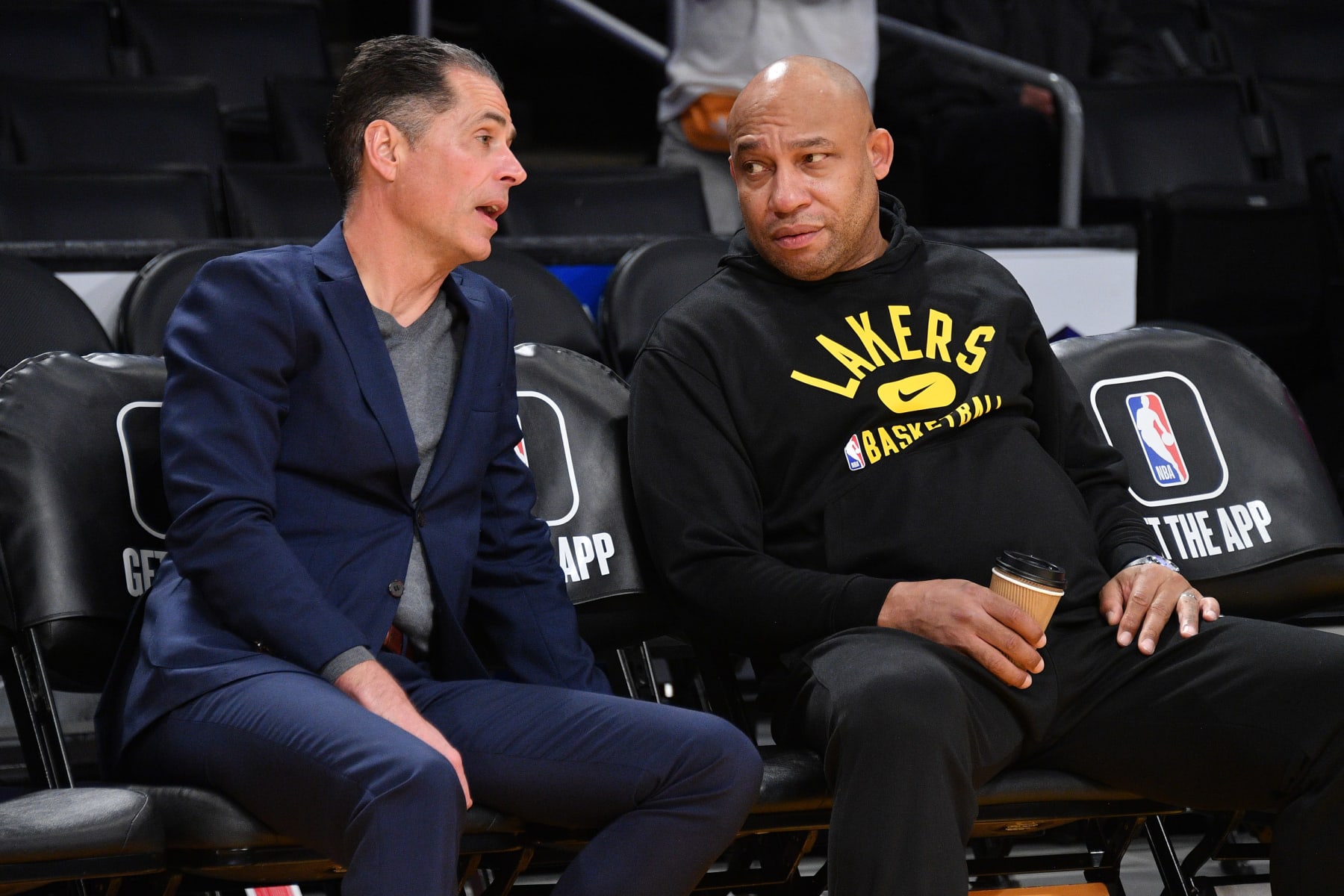 LOS ANGELES, CALIFORNIA - JANUARY 04: Rob Pelinka and Darvin Ham attend a basketball game between the Los Angeles Lakers and the Miami Heat at Crypto.com Arena on January 04, 2023 in Los Angeles, California. (Photo by Allen Berezovsky/Getty Images)