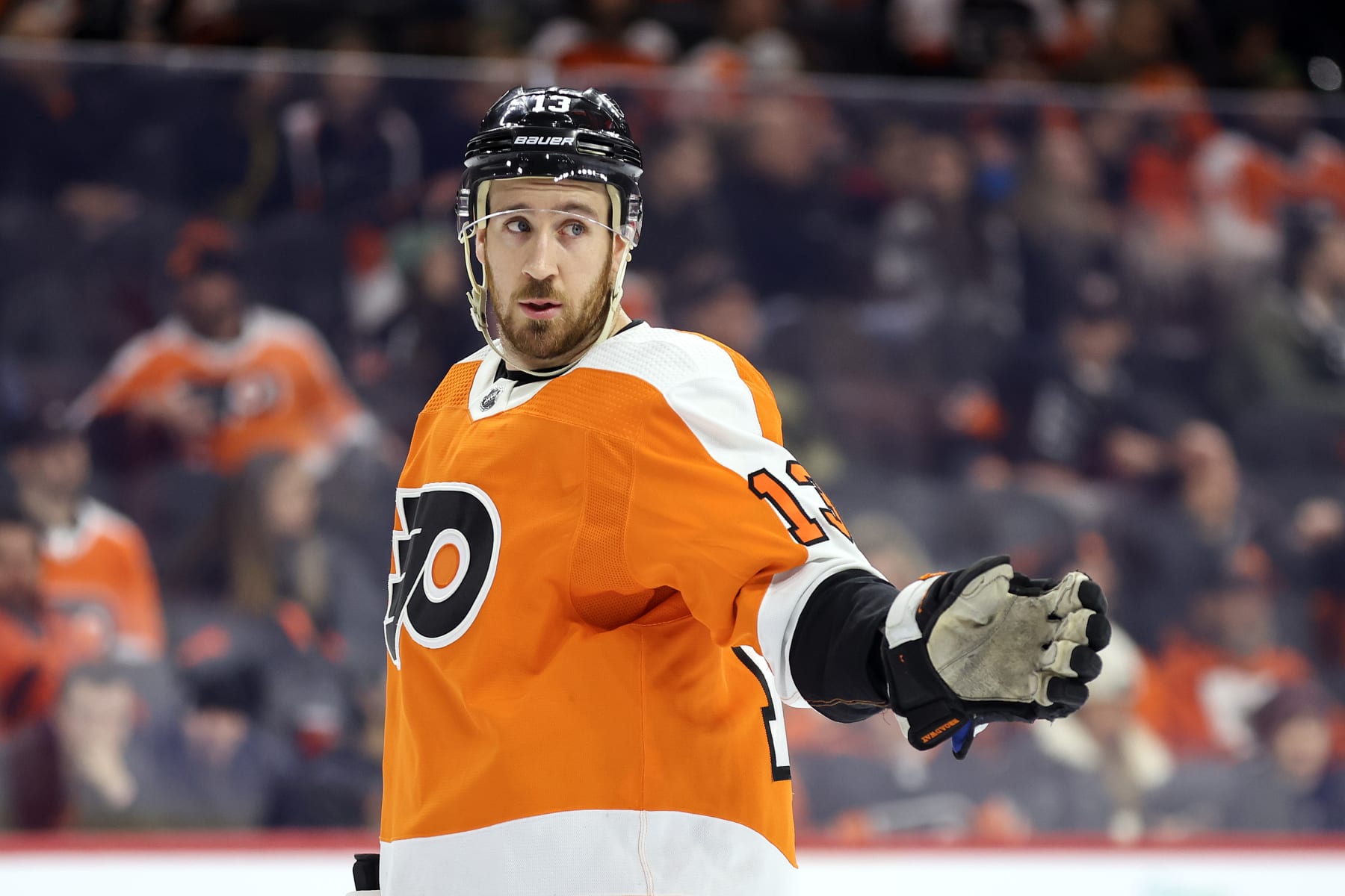 PHILADELPHIA, PENNSYLVANIA - JANUARY 22: Kevin Hayes #13 of the Philadelphia Flyers looks on during the third period against the Winnipeg Jets at Wells Fargo Center on January 22, 2023 in Philadelphia, Pennsylvania. Hayes is playing in his 600th-career NHL game. (Photo by Tim Nwachukwu/Getty Images)