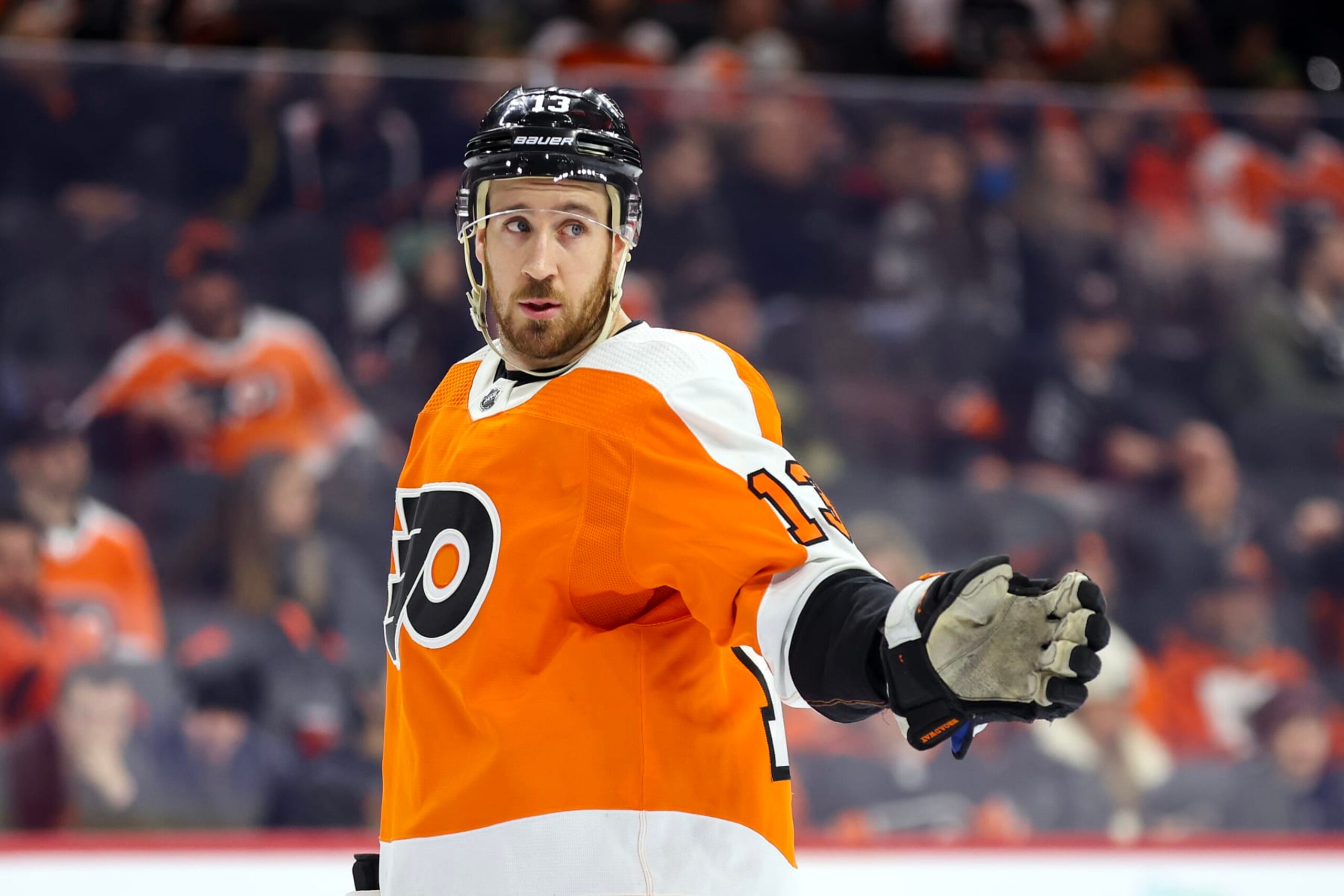 PHILADELPHIA, PENNSYLVANIA - JANUARY 22: Kevin Hayes #13 of the Philadelphia Flyers looks on during the third period against the Winnipeg Jets at Wells Fargo Center on January 22, 2023 in Philadelphia, Pennsylvania. Hayes is playing in his 600th-career NHL game. (Photo by Tim Nwachukwu/Getty Images)