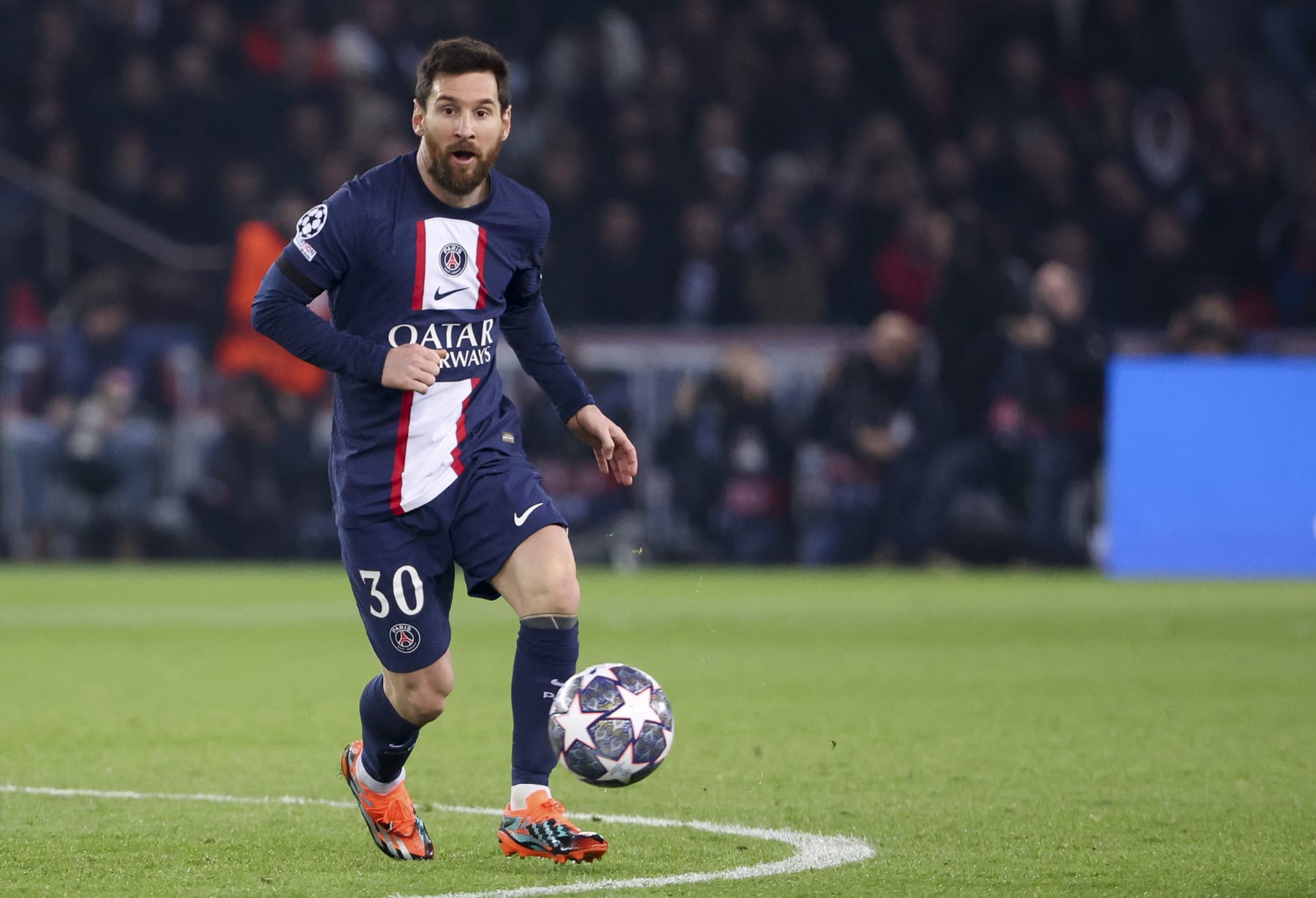 PARIS, FRANCE - FEBRUARY 14: Lionel Messi of PSG during the UEFA Champions League round of 16 leg one match between Paris Saint-Germain (PSG) and FC Bayern Muenchen (Bayern Munich, Bayern München) at Parc des Princes stadium on February 14, 2023 in Paris, France. (Photo by Jean Catuffe/Getty Images)
