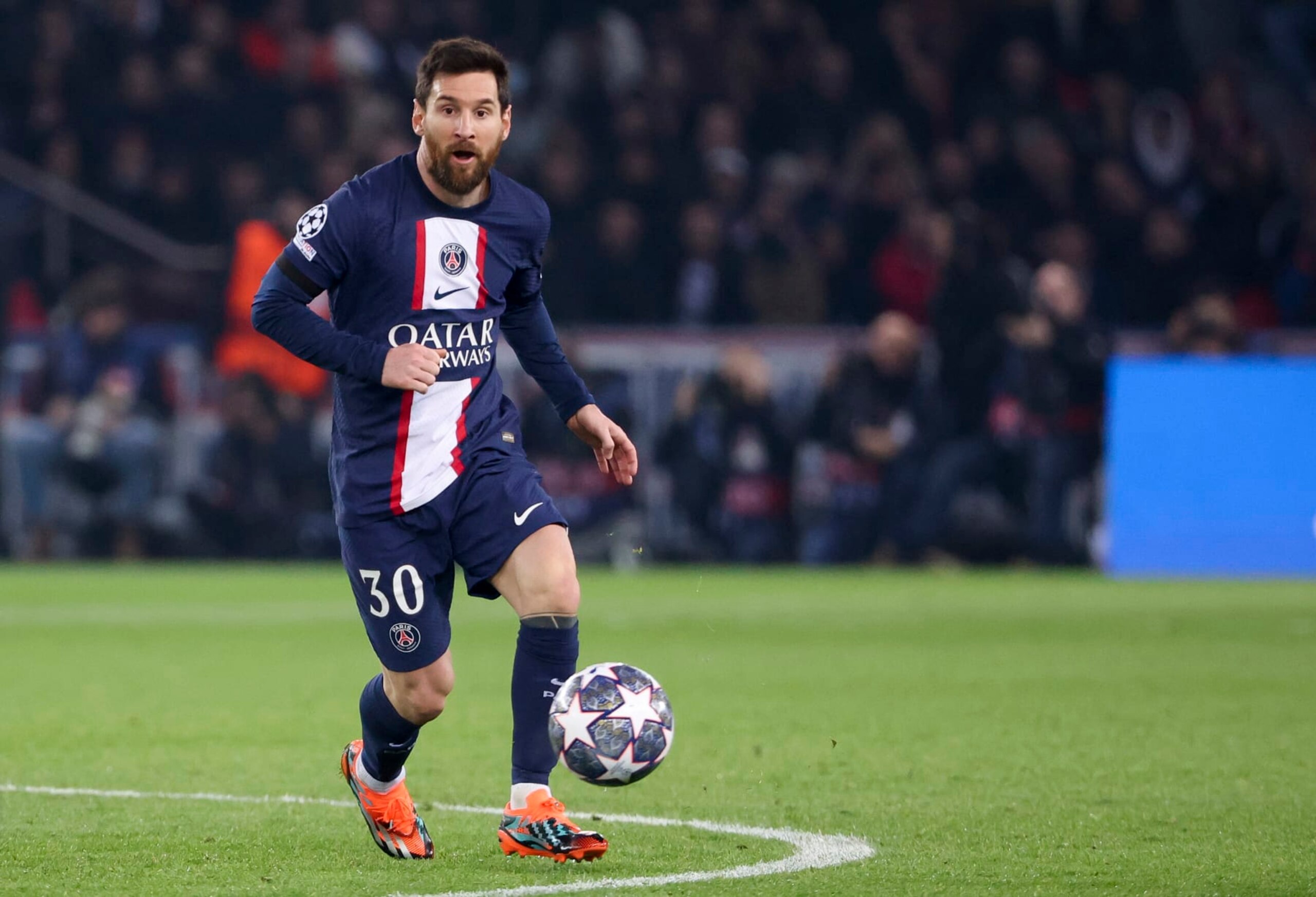 PARIS, FRANCE - FEBRUARY 14: Lionel Messi of PSG during the UEFA Champions League round of 16 leg one match between Paris Saint-Germain (PSG) and FC Bayern Muenchen (Bayern Munich, Bayern München) at Parc des Princes stadium on February 14, 2023 in Paris, France. (Photo by Jean Catuffe/Getty Images)