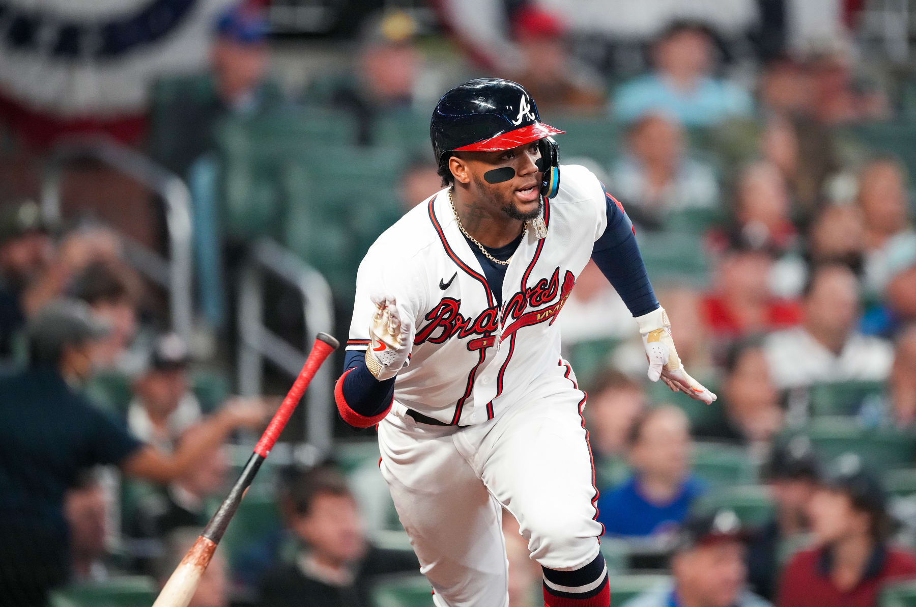 ATLANTA, GA - OCTOBER 12: Ronald Acuna Jr. #13 of the Atlanta Braves hits a single against the Philadelphia Phillies during the fourth inning in game two of the National League Division Series at Truist Park on October 12, 2022 in Atlanta, Georgia. (Photo by Kevin D. Liles/Atlanta Braves/Getty Images)
