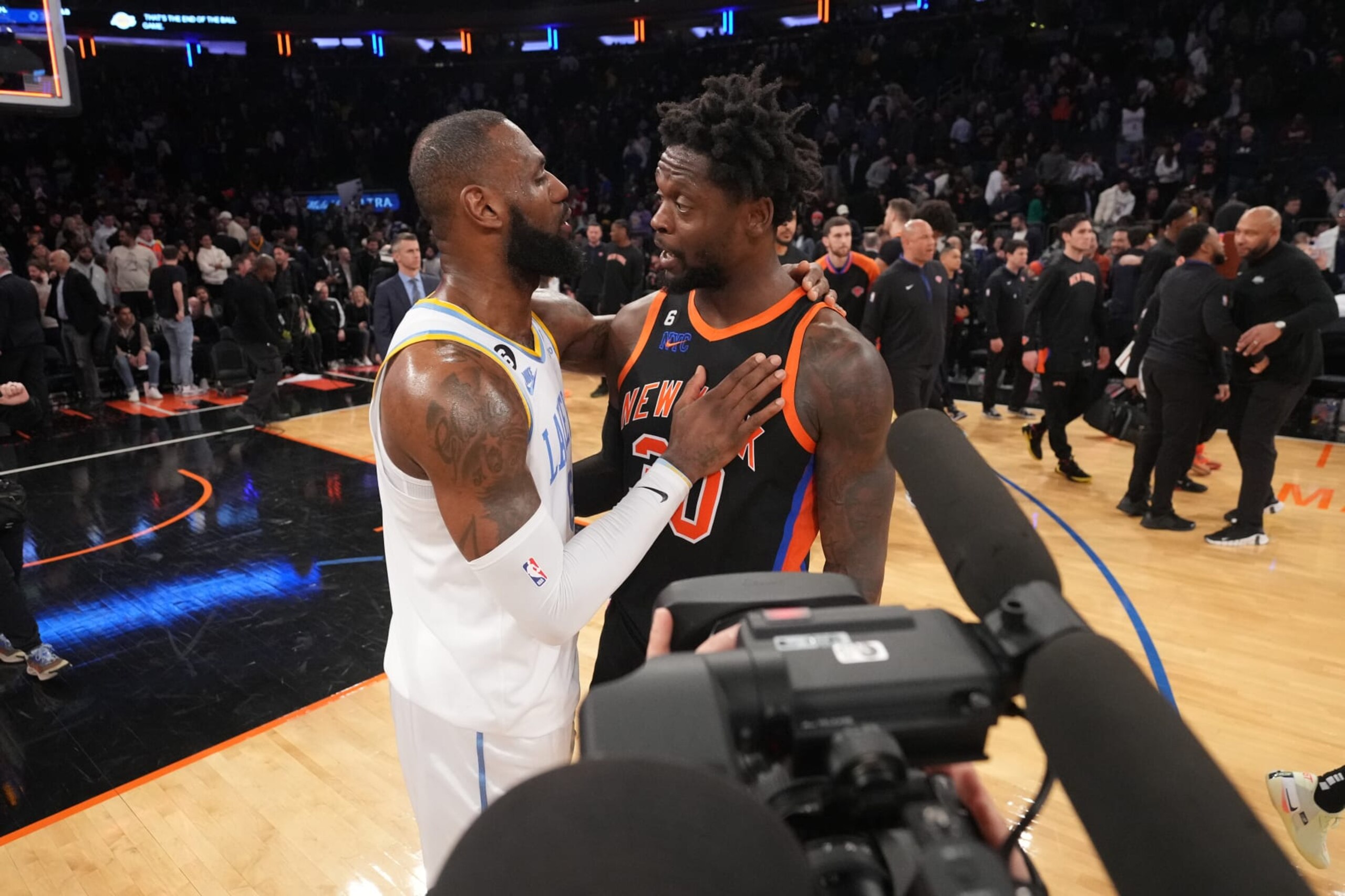 NEW YORK, NY - JANUARY 31: LeBron James #6 of the Los Angeles Lakers and Julius Randle #30 of the New York Knicks after the game on January 31, 2023 at Madison Square Garden in New York City, New York.  NOTE TO USER: User expressly acknowledges and agrees that, by downloading and or using this photograph, User is consenting to the terms and conditions of the Getty Images License Agreement. Mandatory Copyright Notice: Copyright 2023 NBAE  (Photo by Jesse D. Garrabrant/NBAE via Getty Images)